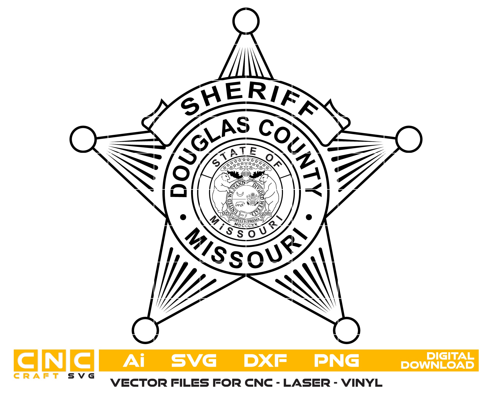 Douglas County Missouri Sheriff Star Badge SVG for CNC
Douglas County MO Sheriff Star Vector for Laser Engraving
Douglas County Missouri Law Enforcement Emblem for Wood Carving
Professional Missouri Sheriff Star Badge Vector Design
Douglas County Sheriff SVG Logo for CNC Router Projects