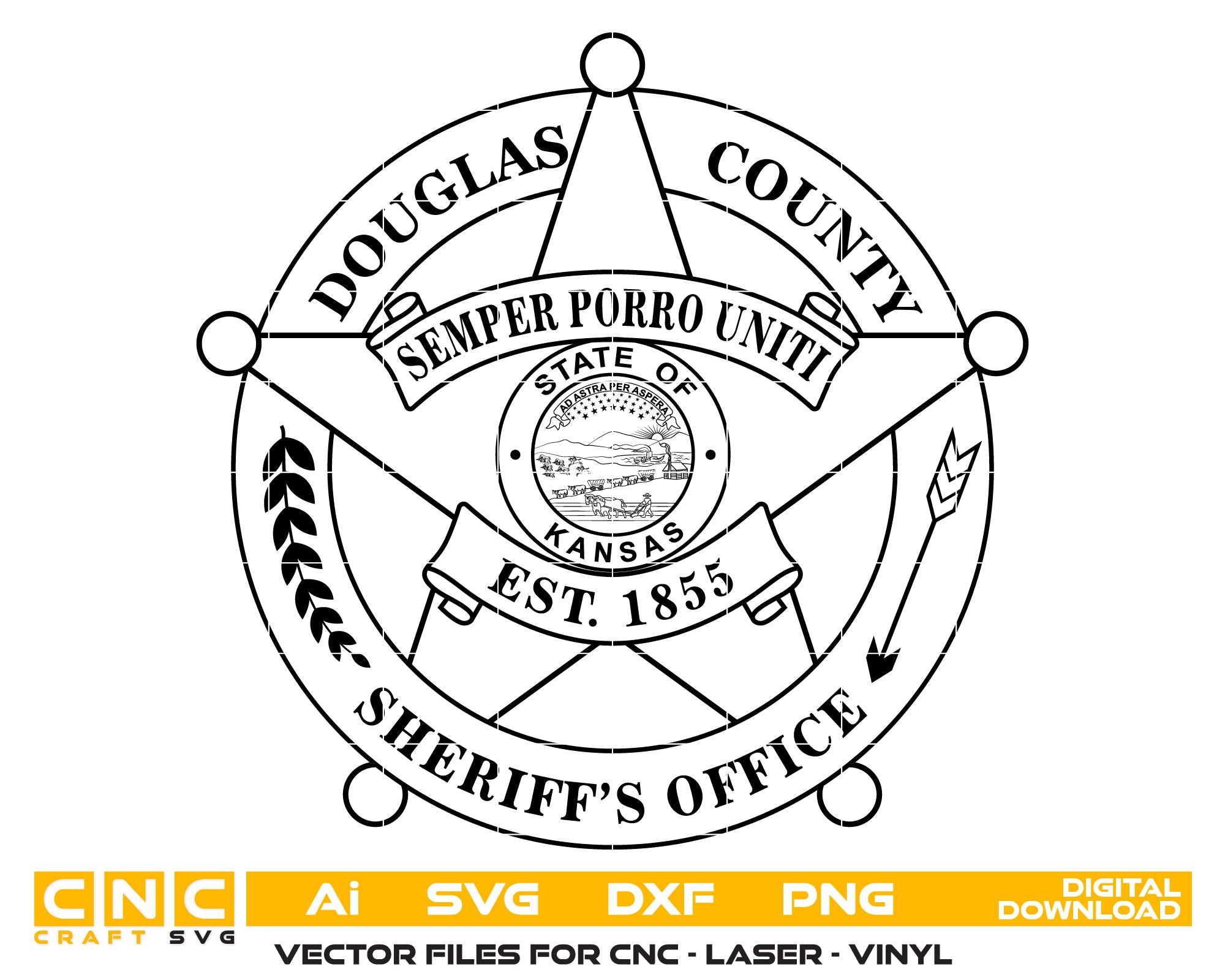 Douglas County Sheriff Badge SVG
Kansas Law Enforcement Vector Design
Semper Porro Uniti Badge Engraving File
Douglas County KS Sign CNC File
Kansas State Seal Star Badge Vector for Lasers