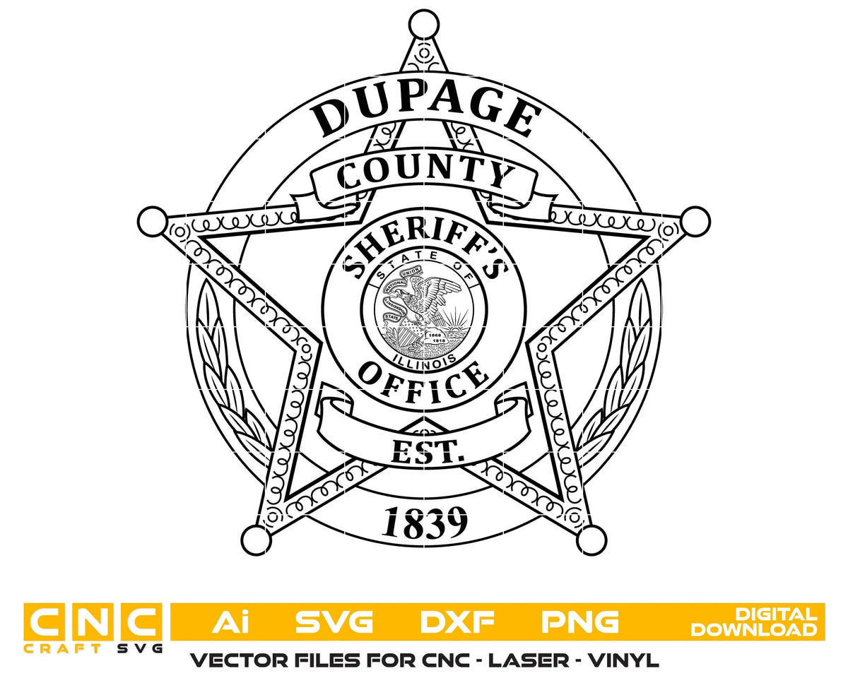DuPage County Illinois Sheriff badge SVG vector with five-point star, Illinois state seal and detailed line art for laser engraving, CNC and printing.