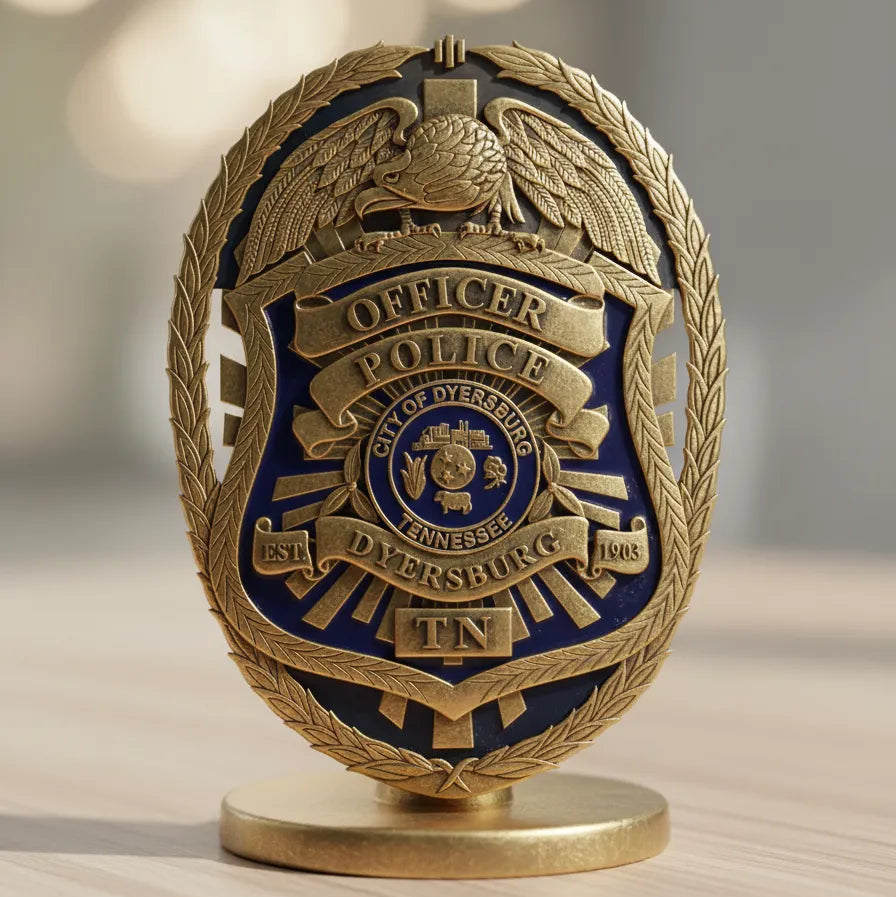 Dyersburg Police Officer Badge SVG
Tennessee Law Enforcement Vector Design
Eagle Police Badge Engraving File
Dyersburg TN Police Sign CNC File
City Seal Badge Vector for Laser Cutting