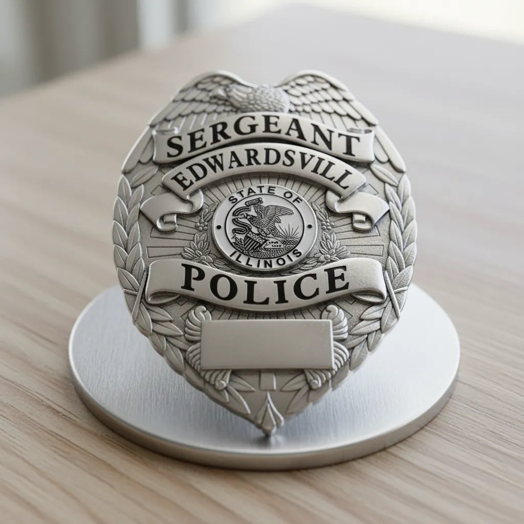 Edwardsville Police Sergeant Badge SVG
Illinois Law Enforcement Vector Design
Eagle Police Badge Engraving File
Edwardsville IL Police Sign CNC File
State of Illinois Seal Vector for Laser Cutting