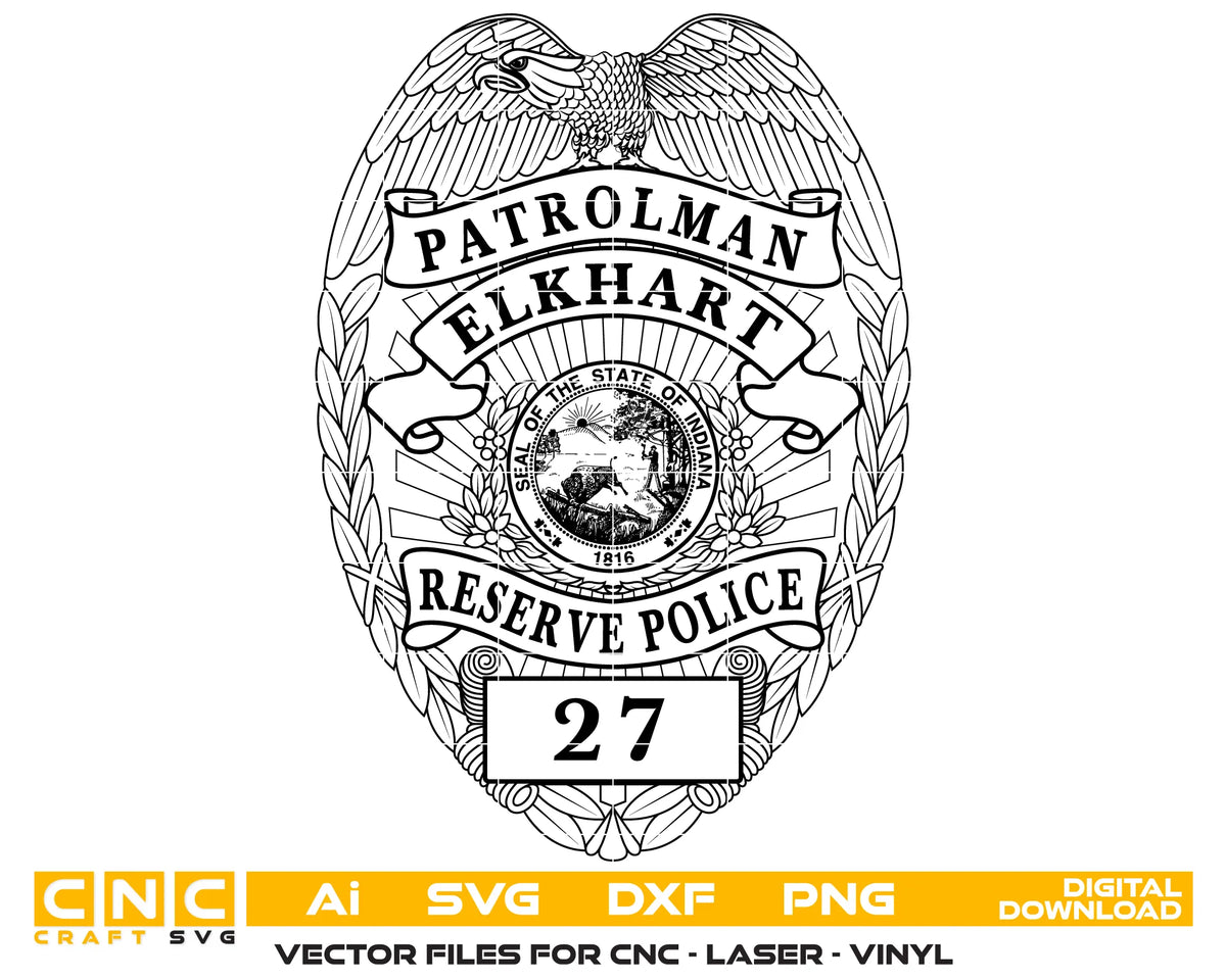 Elkhart Patrolman Reserve Police Badge Indiana SVG Law Enforcement Vector