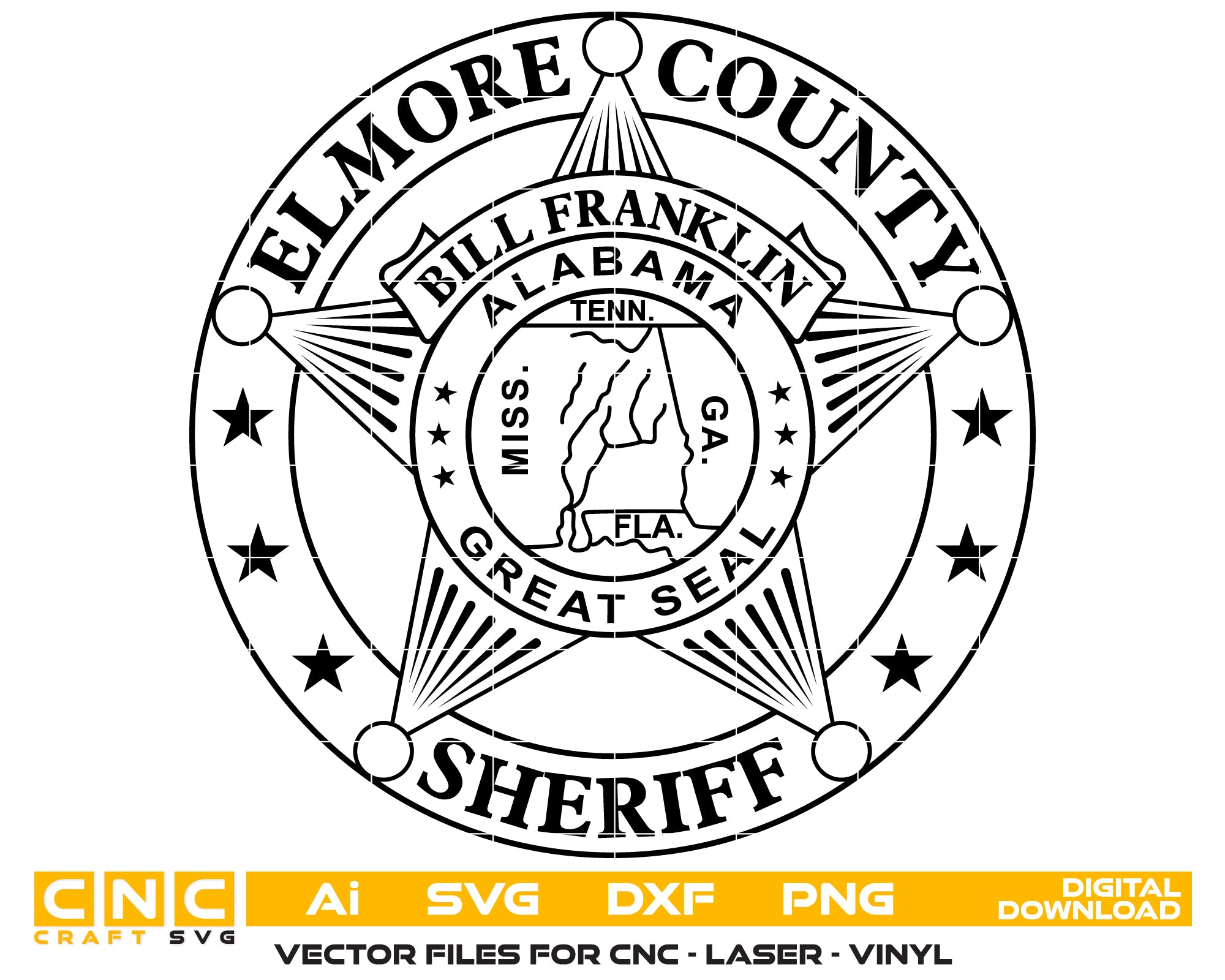 Elmore County Sheriff Badge SVG
Alabama Law Enforcement Vector
Elmore County Sheriff Emblem
Officer Plaque Engraving File
Sheriff Badge Sign CNC File
