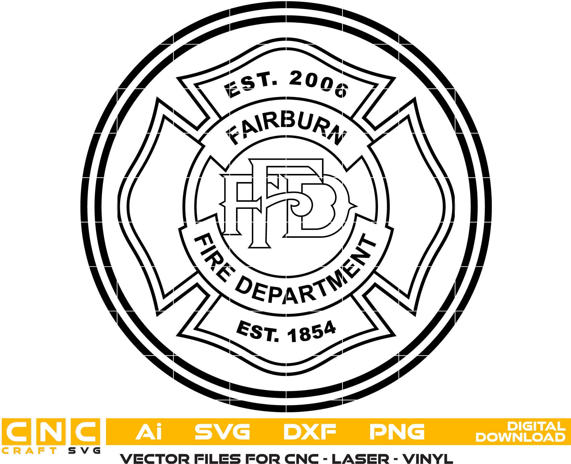 Fairburn Fire Department Badge SVG
Firefighter Maltese Cross Vector Design
FFD Monogram Fire Rescue Engraving File
Fairburn Fire Station Sign CNC File
Circular Fire Department Emblem Vector for Lasers
