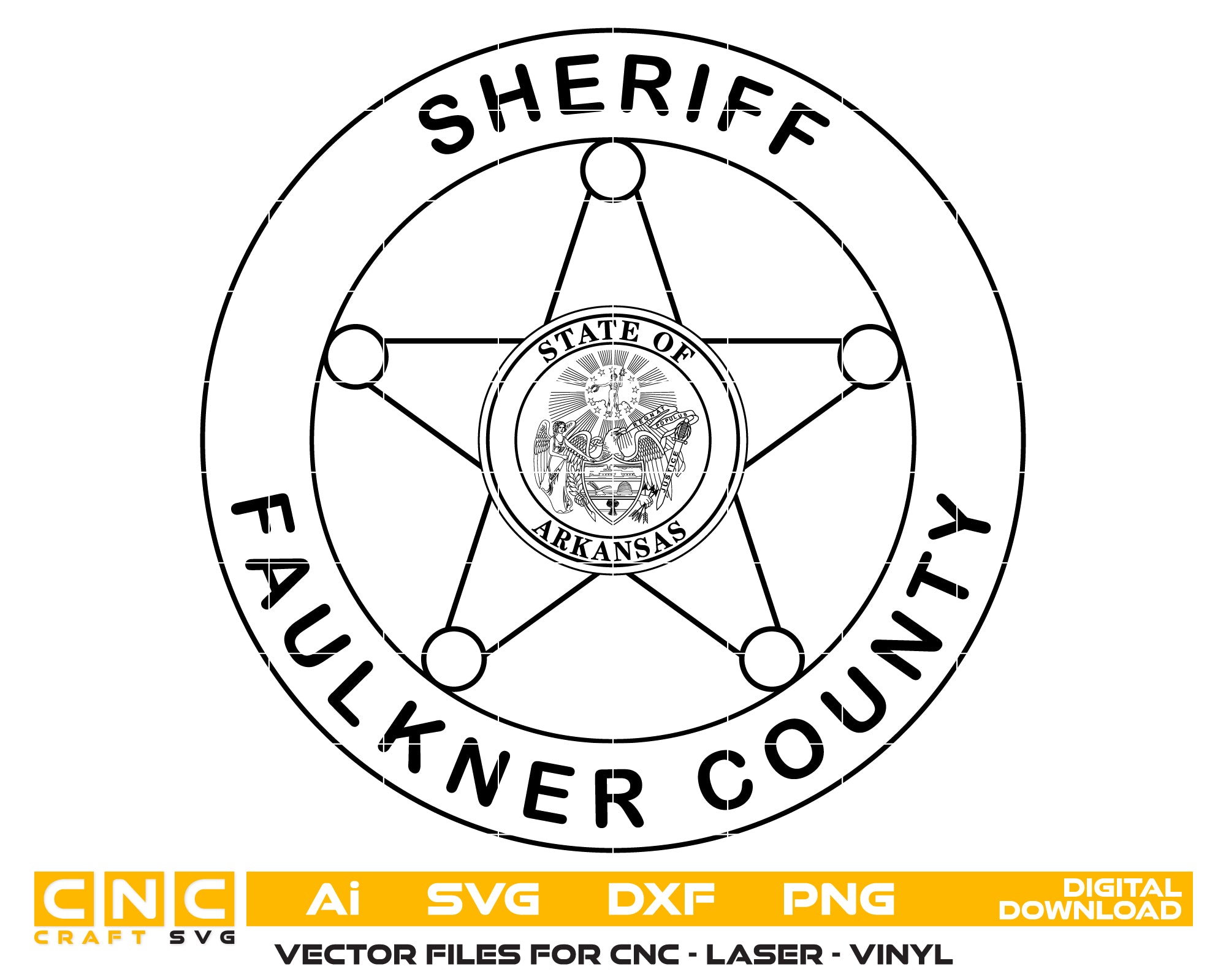 Faulkner County Sheriff Badge SVG
Arkansas Law Enforcement Vector
State of Arkansas Seal Emblem
5-Point Star Engraving File
Faulkner County Sign CNC Router File