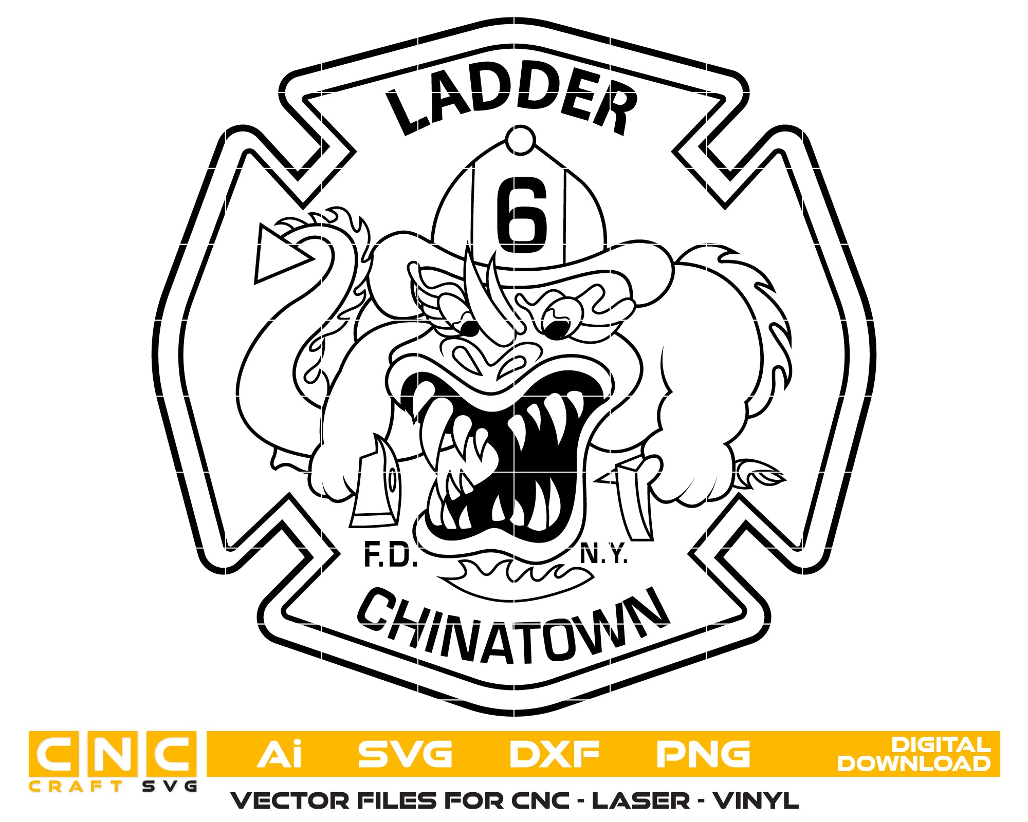 FDNY Chinatown Ladder 6 Badge SVG
New York City Fire Department Vector
Chinese Dragon Firefighter Engraving File
FDNY Ladder 6 Sign CNC File
Maltese Cross Fire Rescue Vector for Lasers