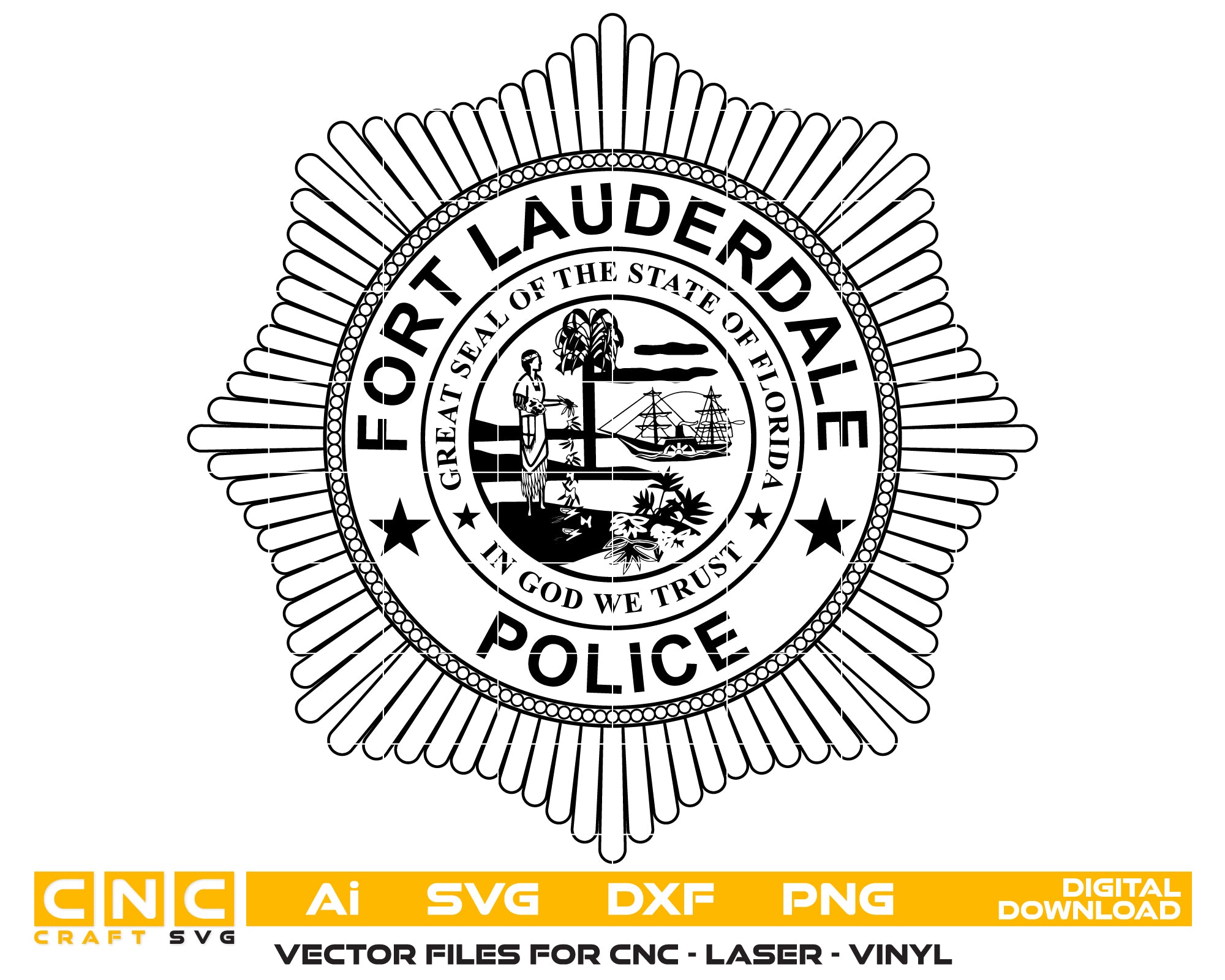 Fort Lauderdale Police Badge SVG
Florida Law Enforcement Vector Design
Sunburst Police Badge Engraving File
Fort Lauderdale FL Sign CNC File
State of Florida Seal Vector for Laser Cutting