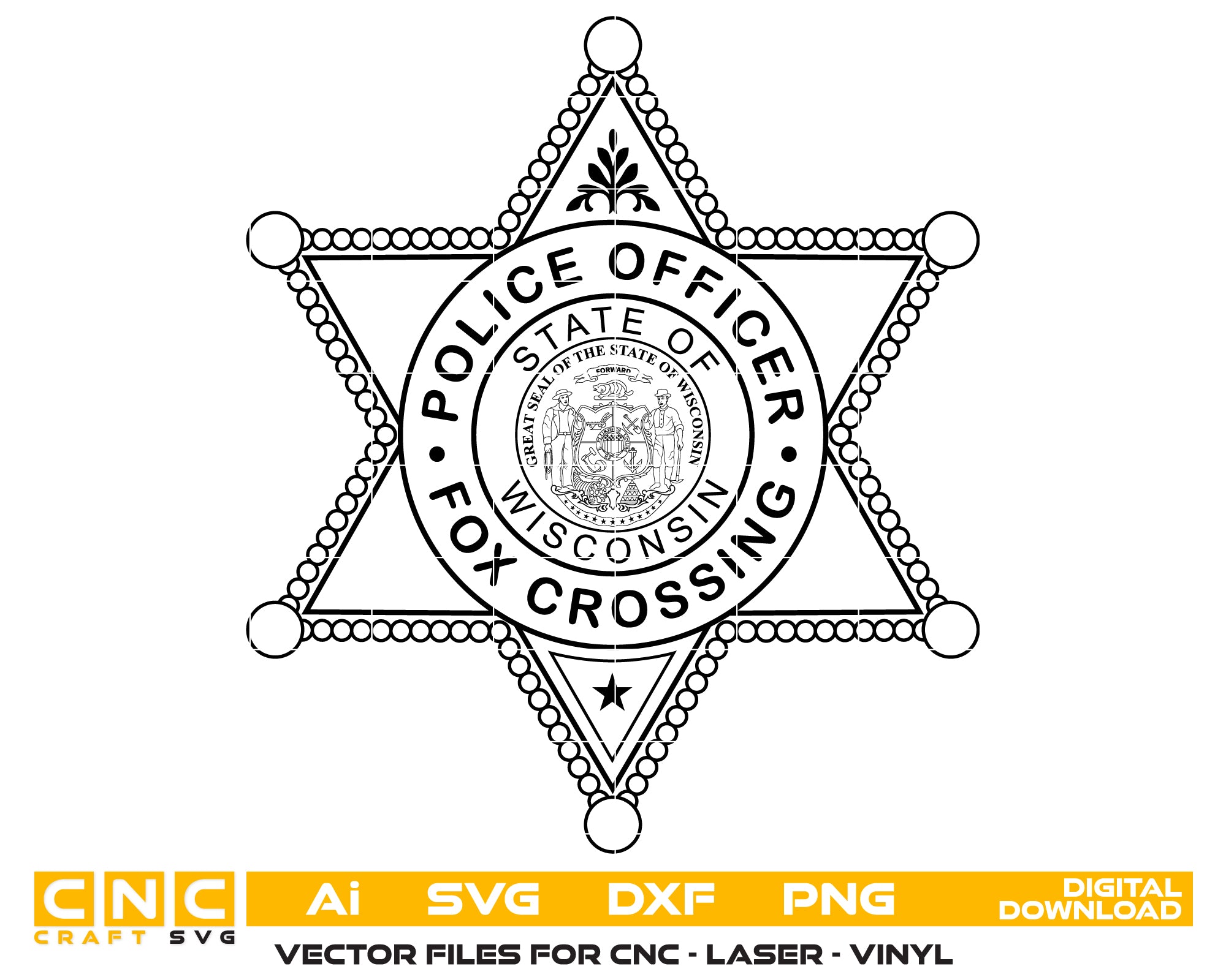 Fox Crossing Police Badge SVG
Wisconsin Law Enforcement Vector
Fox Crossing Police Emblem
Officer Plaque Engraving File
Police Badge Sign CNC File
