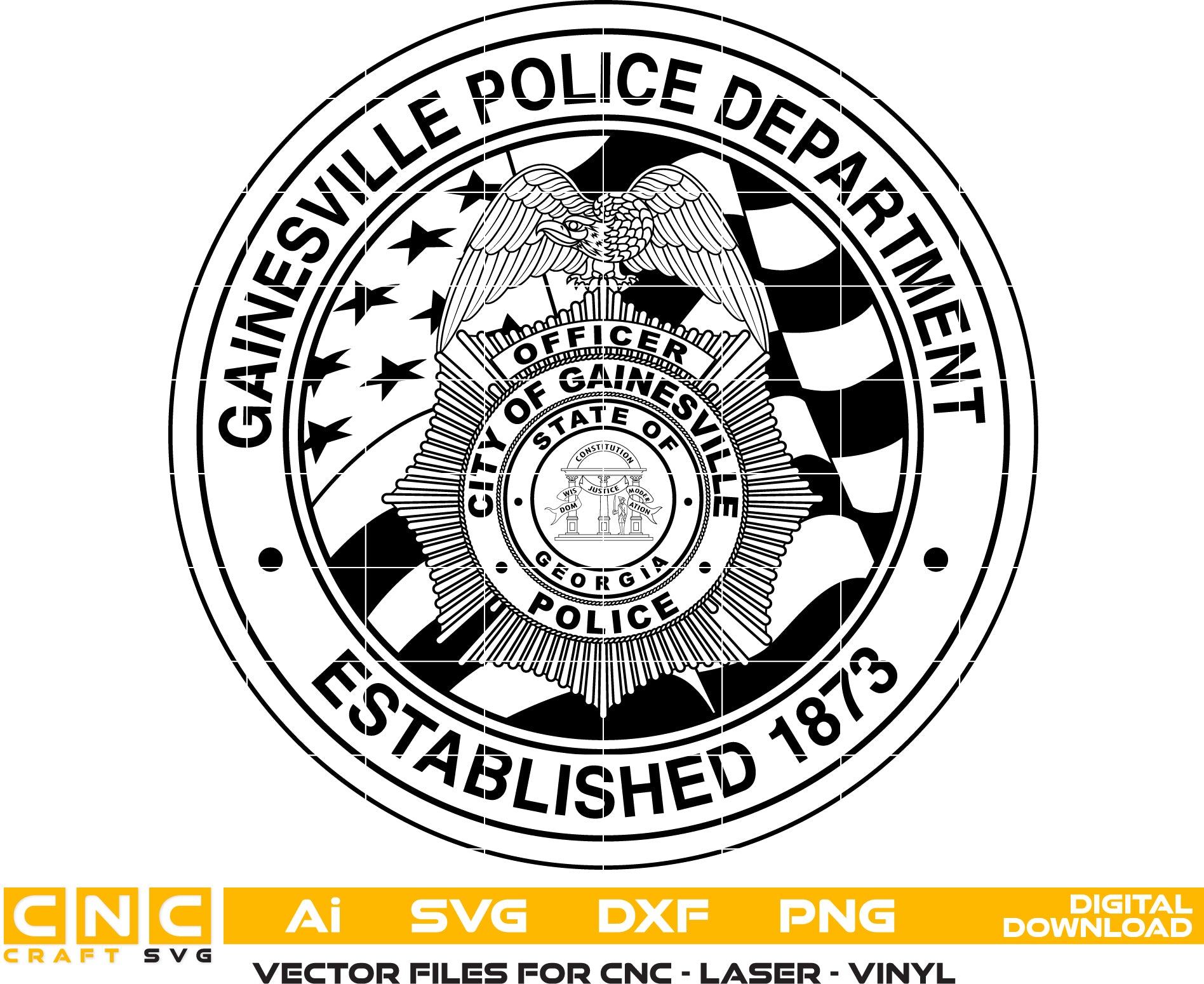 Gainesville Police Officer Badge SVG
Georgia Law Enforcement Shield Vector
State of Georgia Seal Engraving File
Gainesville Police Badge Sign CNC File
American Flag Police Shield Vector for Lasers