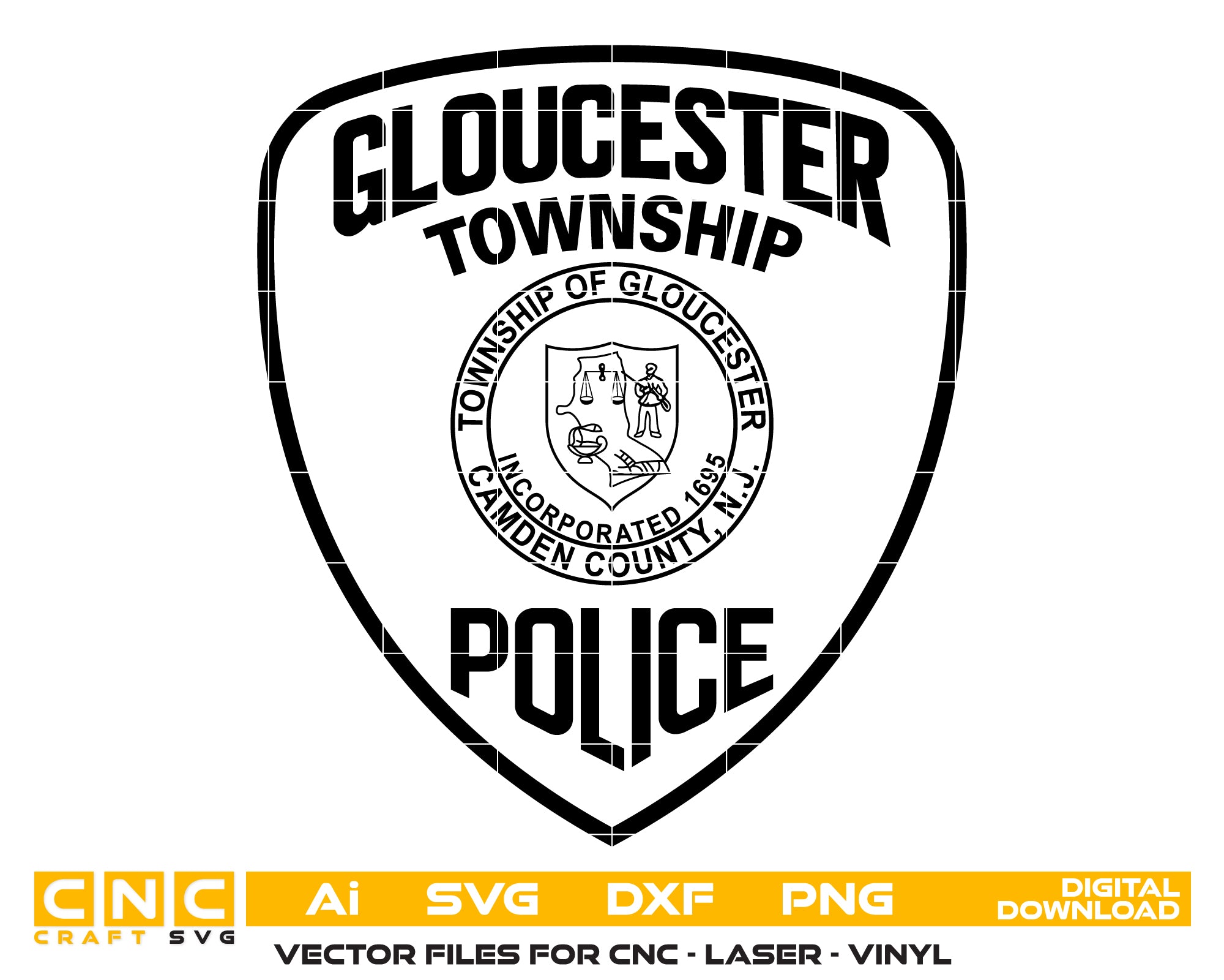 Gloucester Township Police Department Patch SVG
New Jersey Law Enforcement Vector Design
Camden County NJ Police Patch Engraving File
Gloucester Township Seal Sign CNC File
Shield Police Patch Vector for Lasers