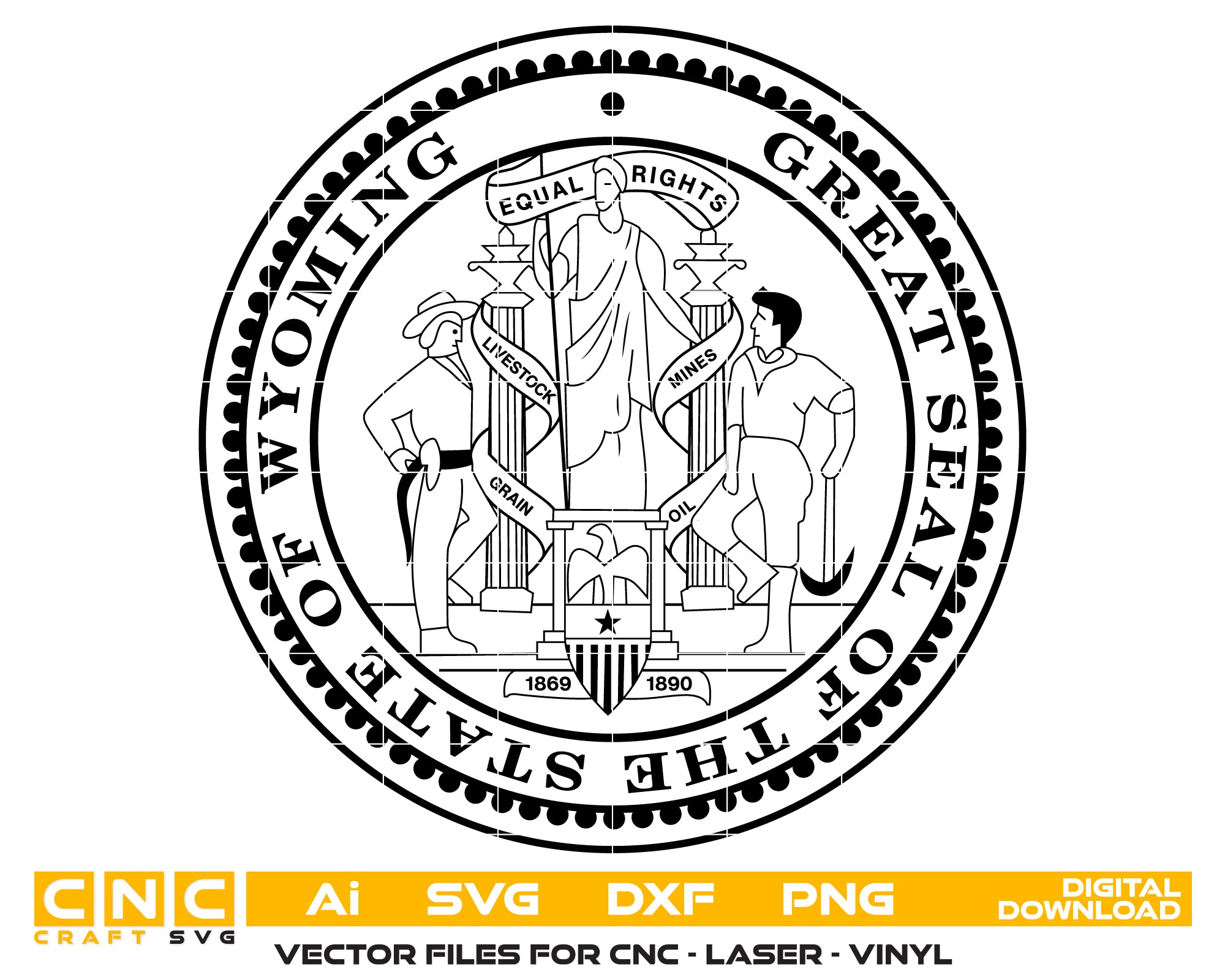 Great Seal of the State of Wyoming SVG for CNC
Wyoming State Seal Vector for Laser Engraving
Wyoming State Emblem for Wood Carving Projects
Professional Wyoming Equal Rights Seal Design
Wyoming State Seal SVG Logo for CNC Router Projects