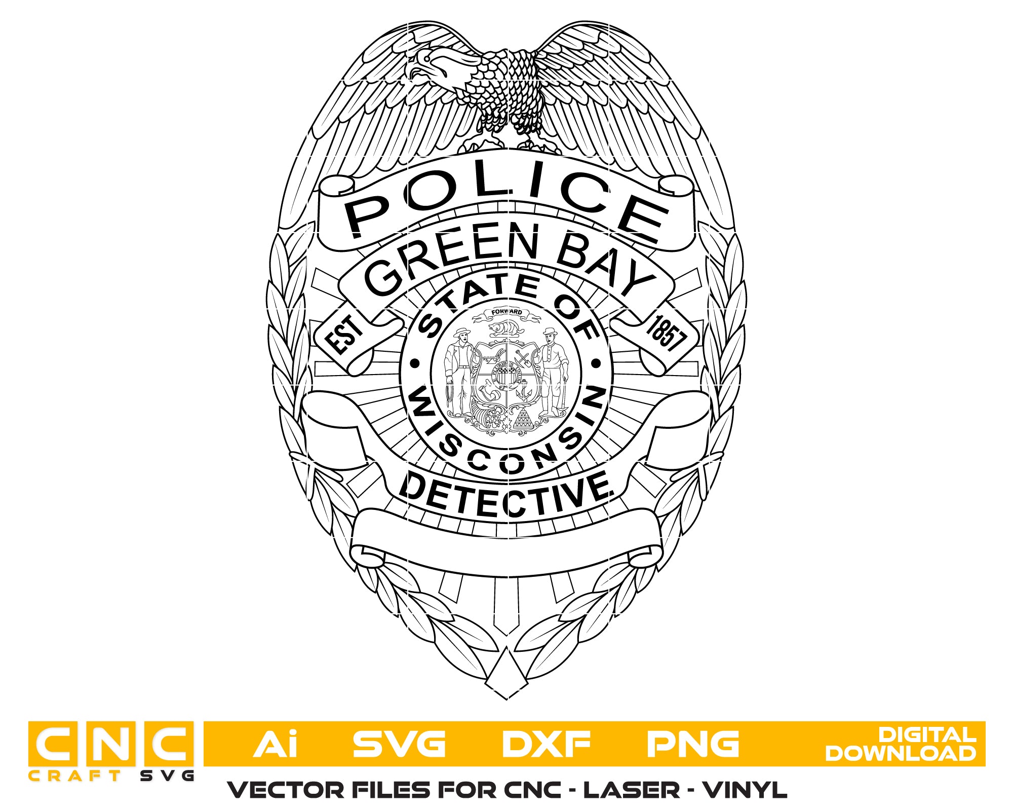 Green Bay Police Detective Badge SVG
Wisconsin Law Enforcement Vector Design
Detective Badge Engraving File
Green Bay Police Sign CNC File
Shield Badge Vector for Laser Cutting