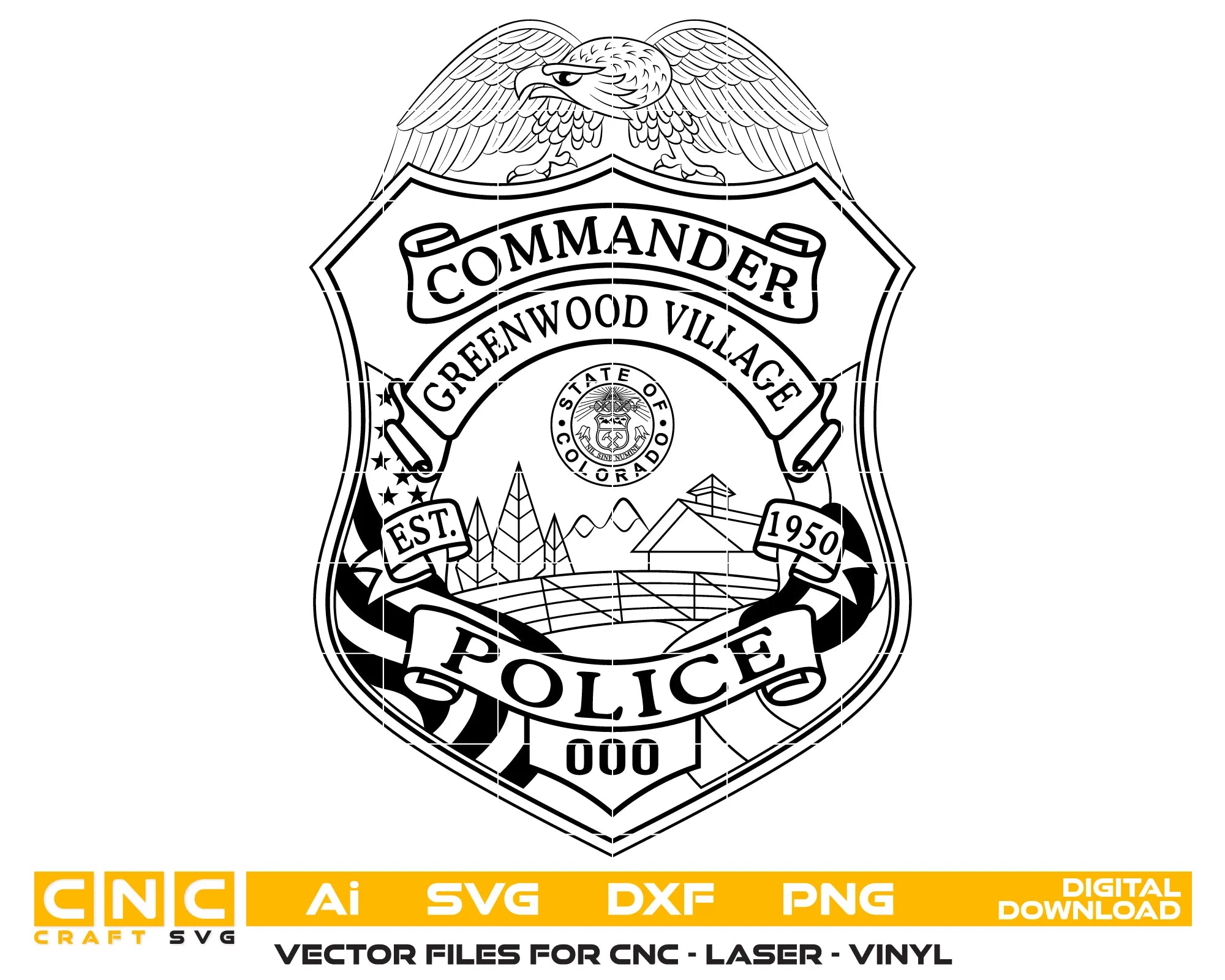 Greenwood Village Police Commander Badge SVG
Colorado Law Enforcement Vector
Police Eagle Shield Landscape Emblem
Commander Plaque Engraving File
Greenwood Village Police Sign CNC File