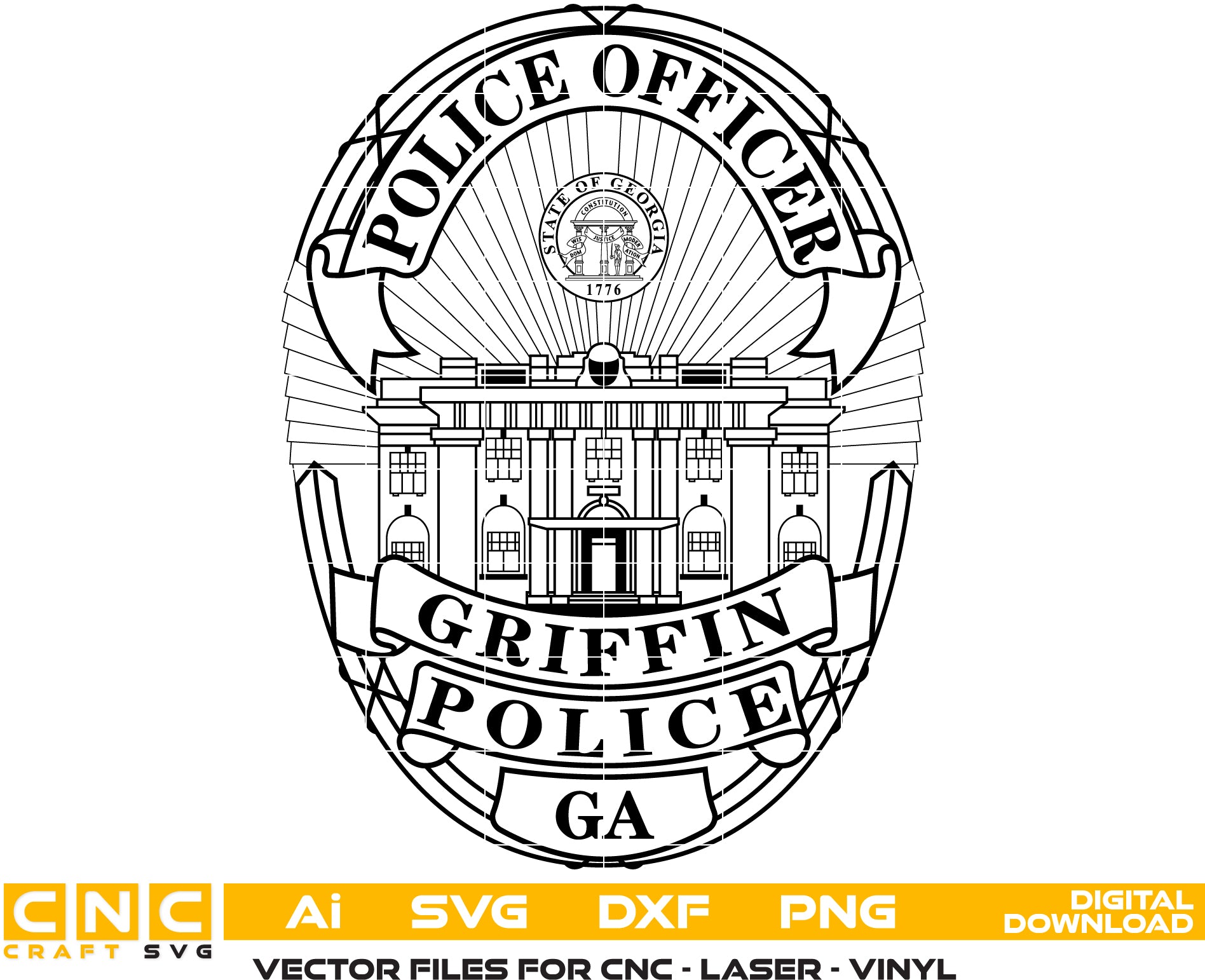 Griffin Police Officer Badge SVG
Georgia Law Enforcement Shield Vector
State of Georgia Seal Engraving File
Griffin Police Badge Sign CNC File
Civic Building Police Shield Vector for Lasers