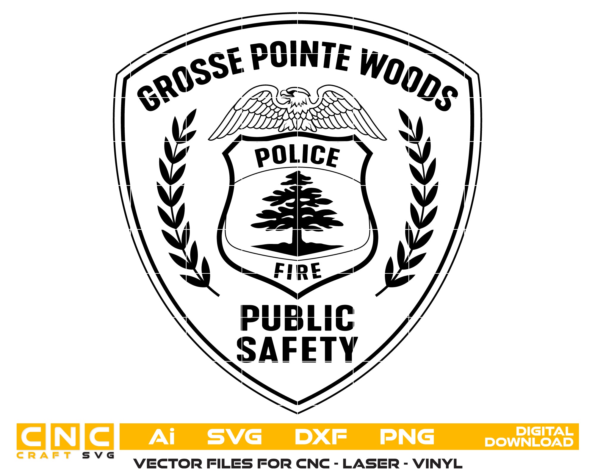Grosse Pointe Woods Public Safety Badge SVG
Michigan Police and Fire Vector
Eagle Shield Tree Emblem
Officer Plaque Engraving File
Grosse Pointe Woods Sign CNC File