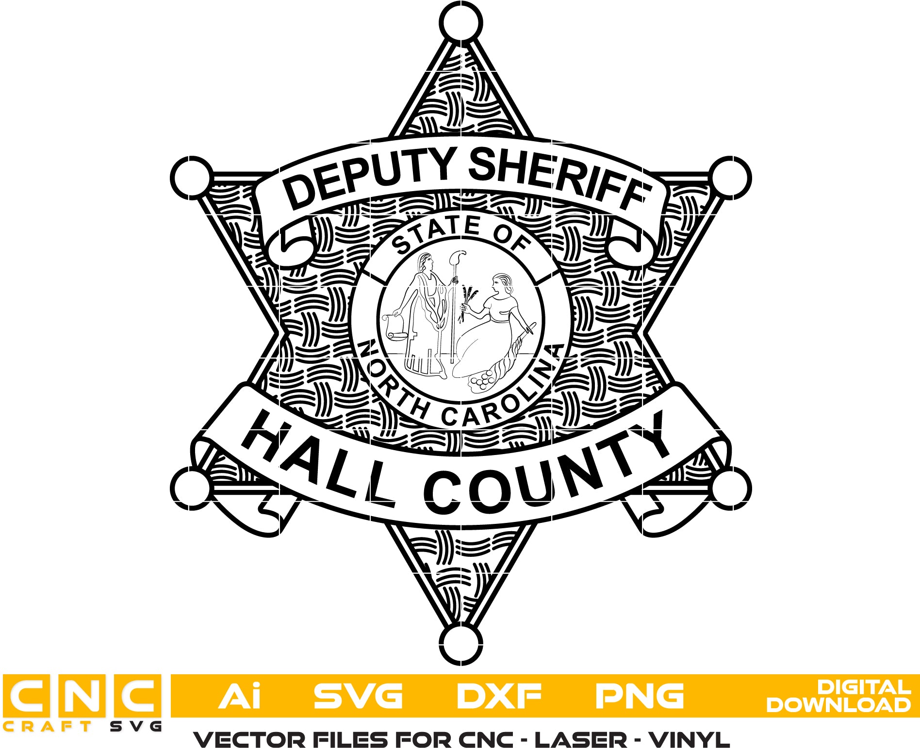 Hall County Deputy Sheriff Badge SVG
North Carolina Law Enforcement Star Vector
State of NC Seal Engraving File
Basket Weave Sheriff Badge CNC File
Deputy Sheriff Star Vector for Lasers