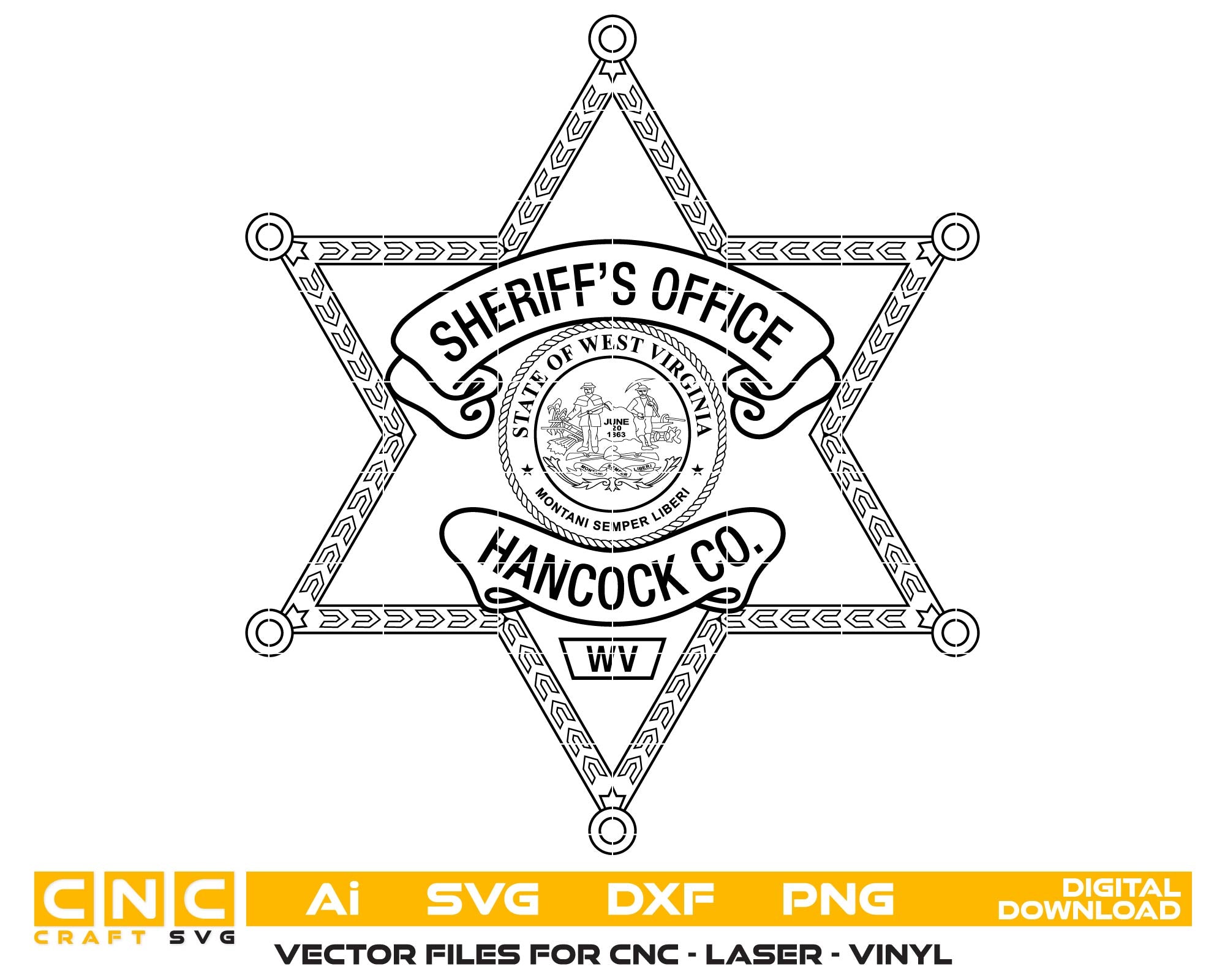 Hancock County WV Sheriff Badge SVG
West Virginia State Star Badge Vector
Hancock County WV SO Emblem for CNC Engraving
Sheriff Office Badge SVG for Laser Cut
WV Law Enforcement Badge Vector Design