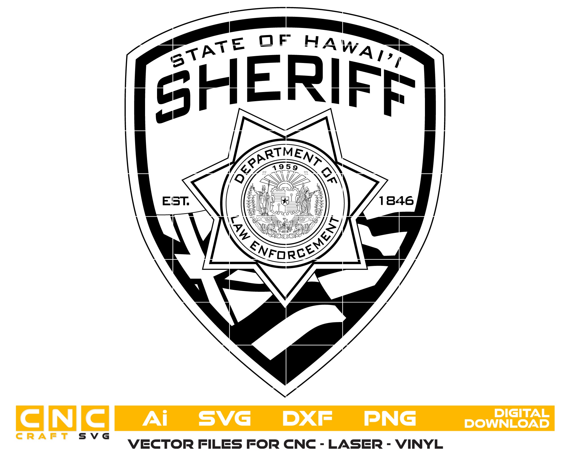 Hawaii State Sheriff Patch SVG
Hawaii Law Enforcement Shield Vector
State of Hawaii Seal Engraving File
Hawaiian Flag Sheriff Sign CNC File
Sheriff Patch Vector for Lasers