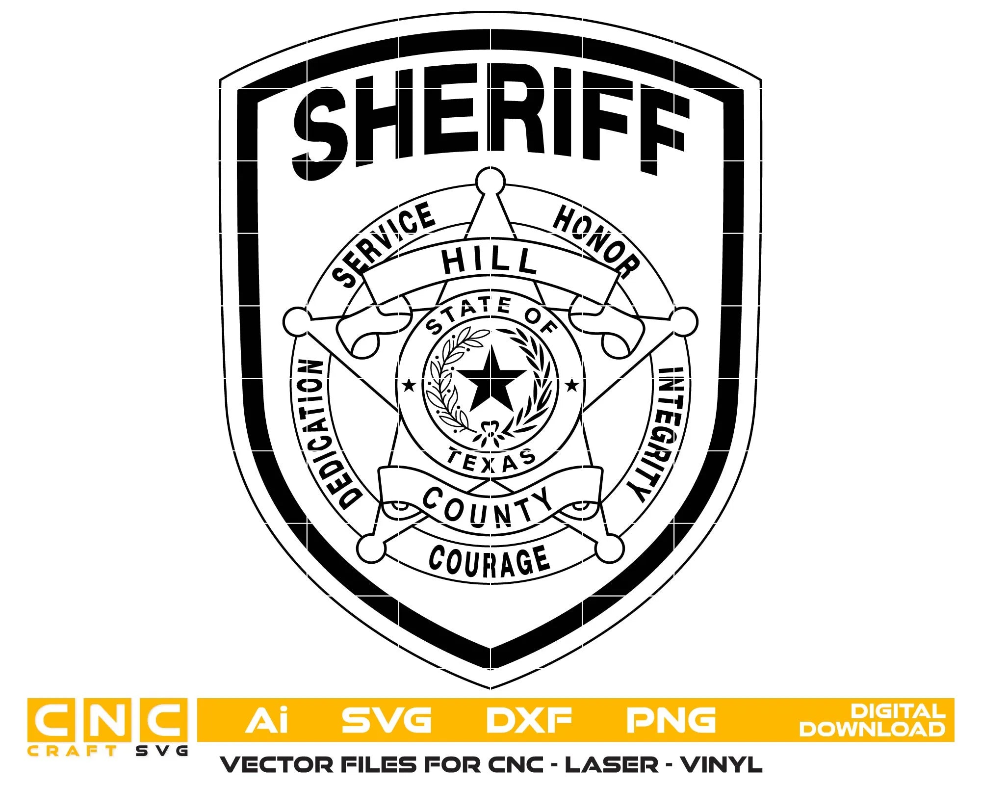 Hill County Sheriff Patch SVG
Texas Law Enforcement Vector
Sheriff Shield 5-Point Star Emblem
Deputy Plaque Engraving File
Hill County Sheriff Sign CNC File
