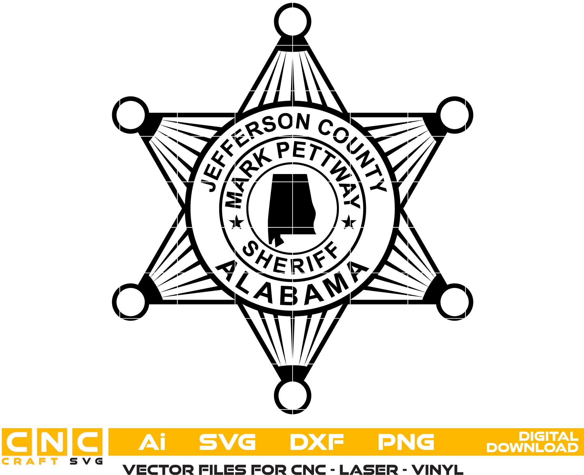 Jefferson County AL Sheriff Badge SVG
Alabama Law Enforcement 6 Point Star Vector
State of Alabama Map Silhouette Engraving File
Jefferson County Sheriff Sign CNC File
Sheriff Star Badge Vector for Lasers