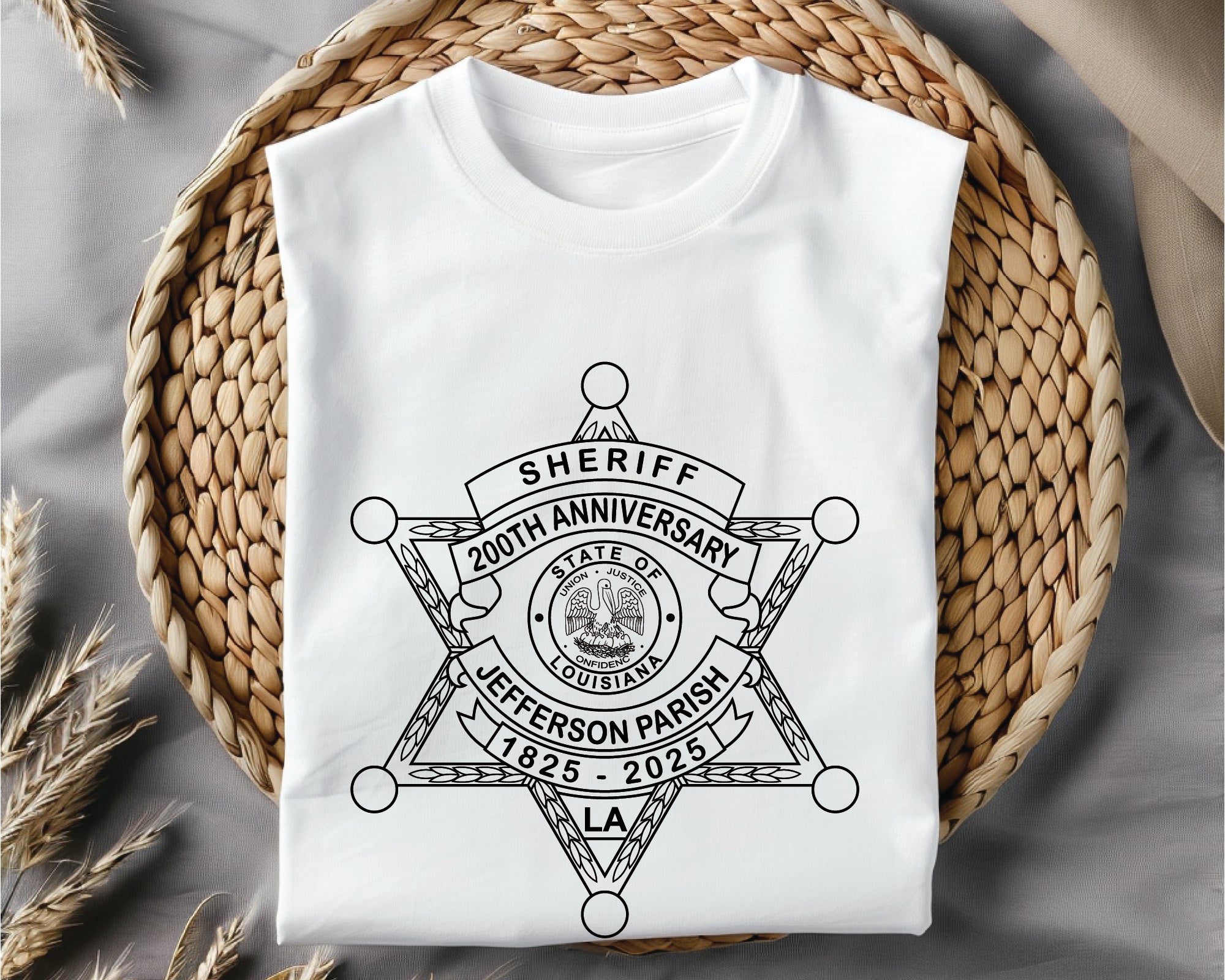 Jefferson Parish Sheriff Badge SVG
Louisiana Law Enforcement Vector Design
200th Anniversary Badge Engraving File
Jefferson Parish Sign CNC File
6-Point Star Badge Vector for Laser Cutting