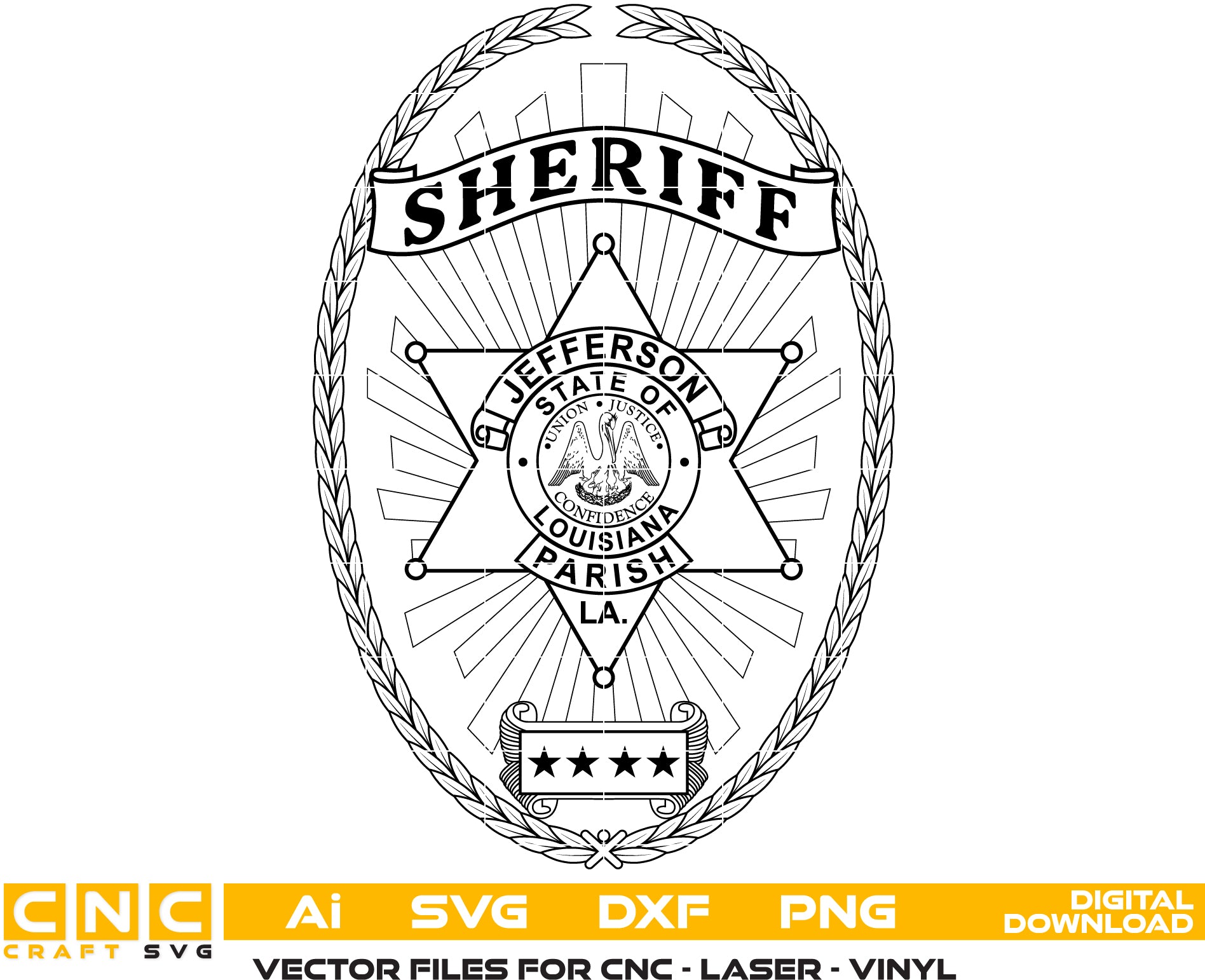 Jefferson Parish Sheriff Badge SVG
Louisiana Law Enforcement Shield Vector
State of Louisiana Pelican Seal Engraving File
Oval Star Sheriff Badge Sign CNC File
Jefferson Parish Sheriff Vector for Lasers