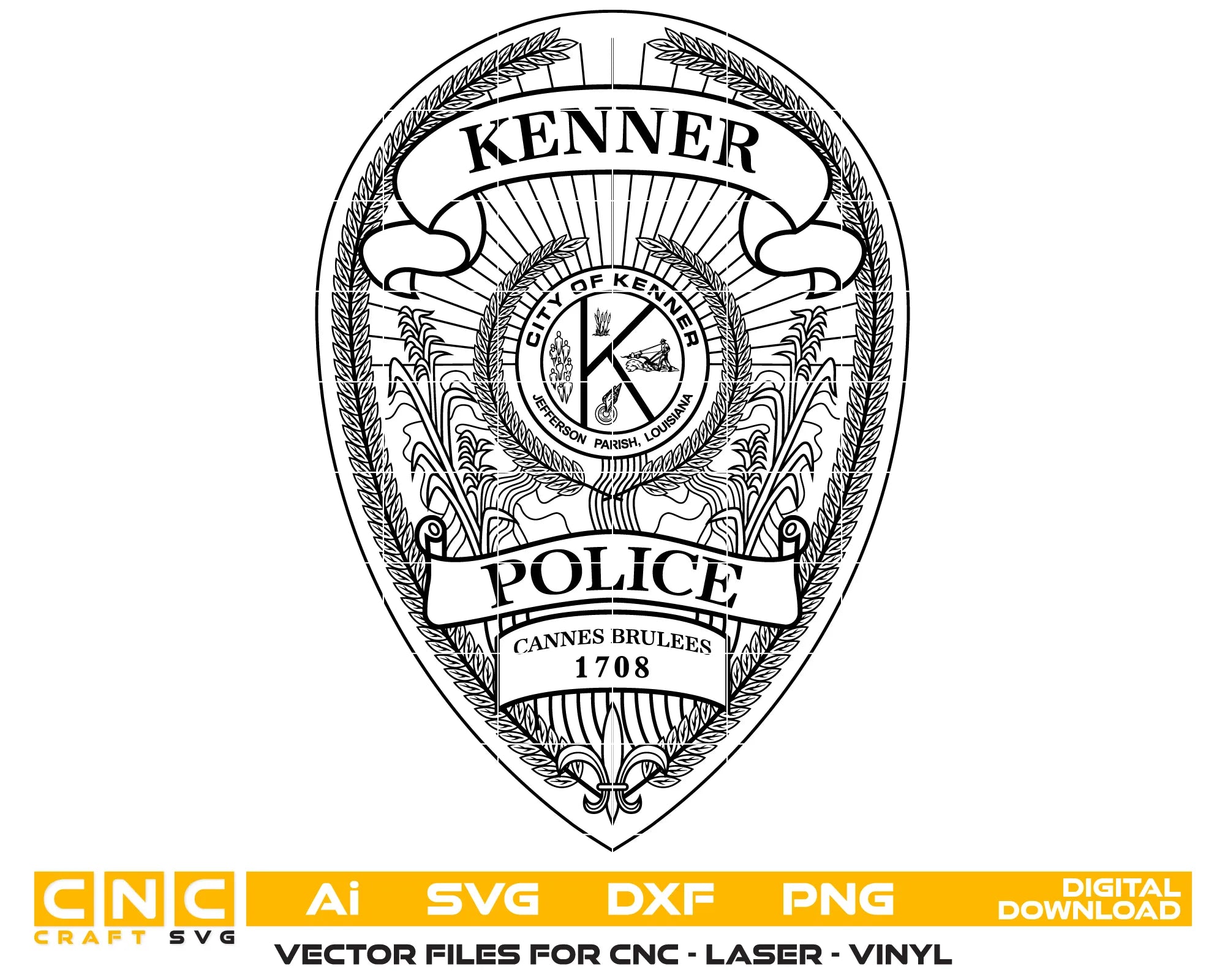 Kenner Police Badge SVG
Louisiana Law Enforcement Vector Design
City of Kenner Seal Engraving File
Kenner LA Police Sign CNC File
Oval Police Badge Vector for Laser Cutting