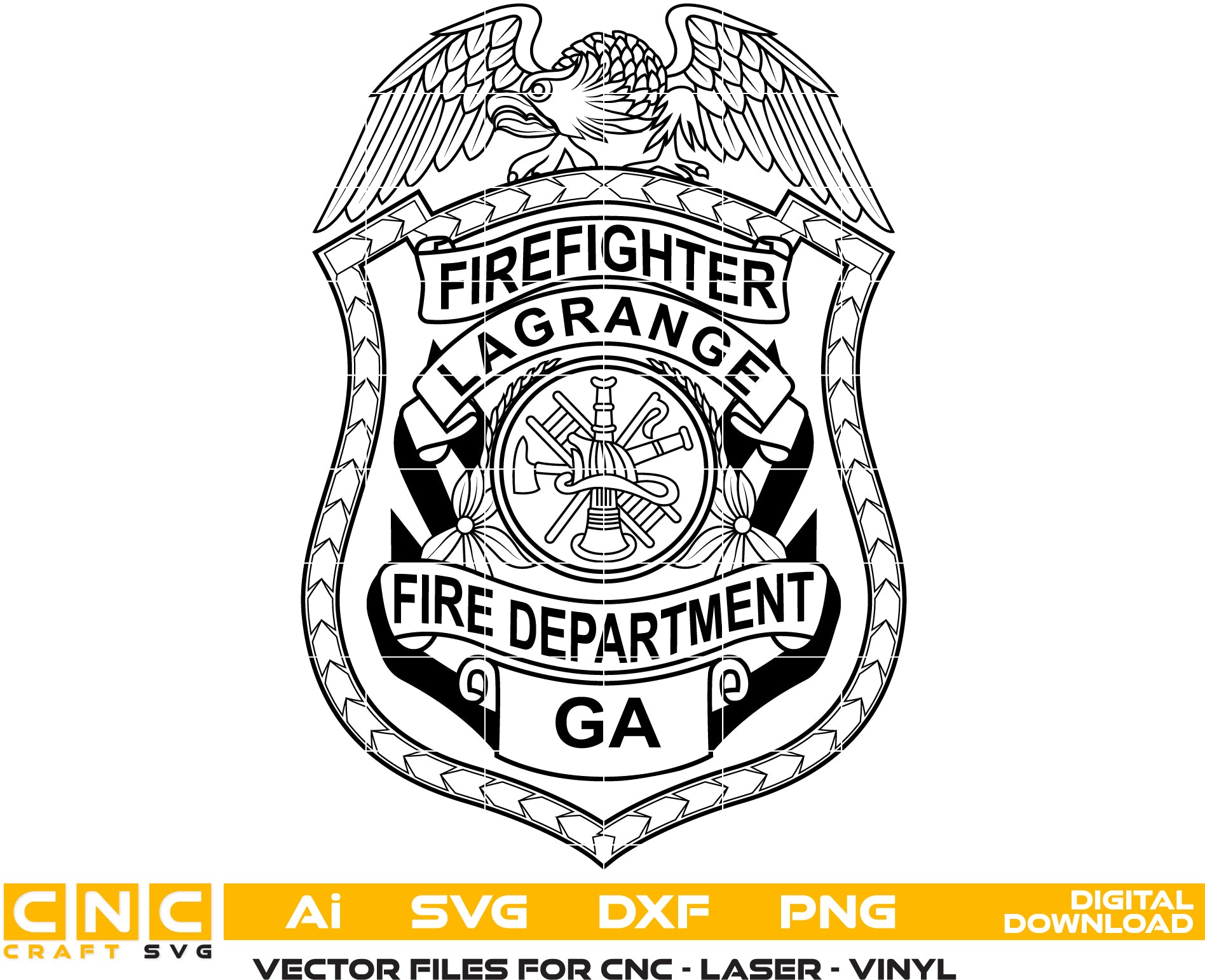 Lagrange GA Firefighter Badge SVG
Georgia Fire Department Shield Vector
Eagle and Fire Scramble Engraving File
Lagrange Fire Badge Sign CNC File
Firefighter Shield Vector for Lasers