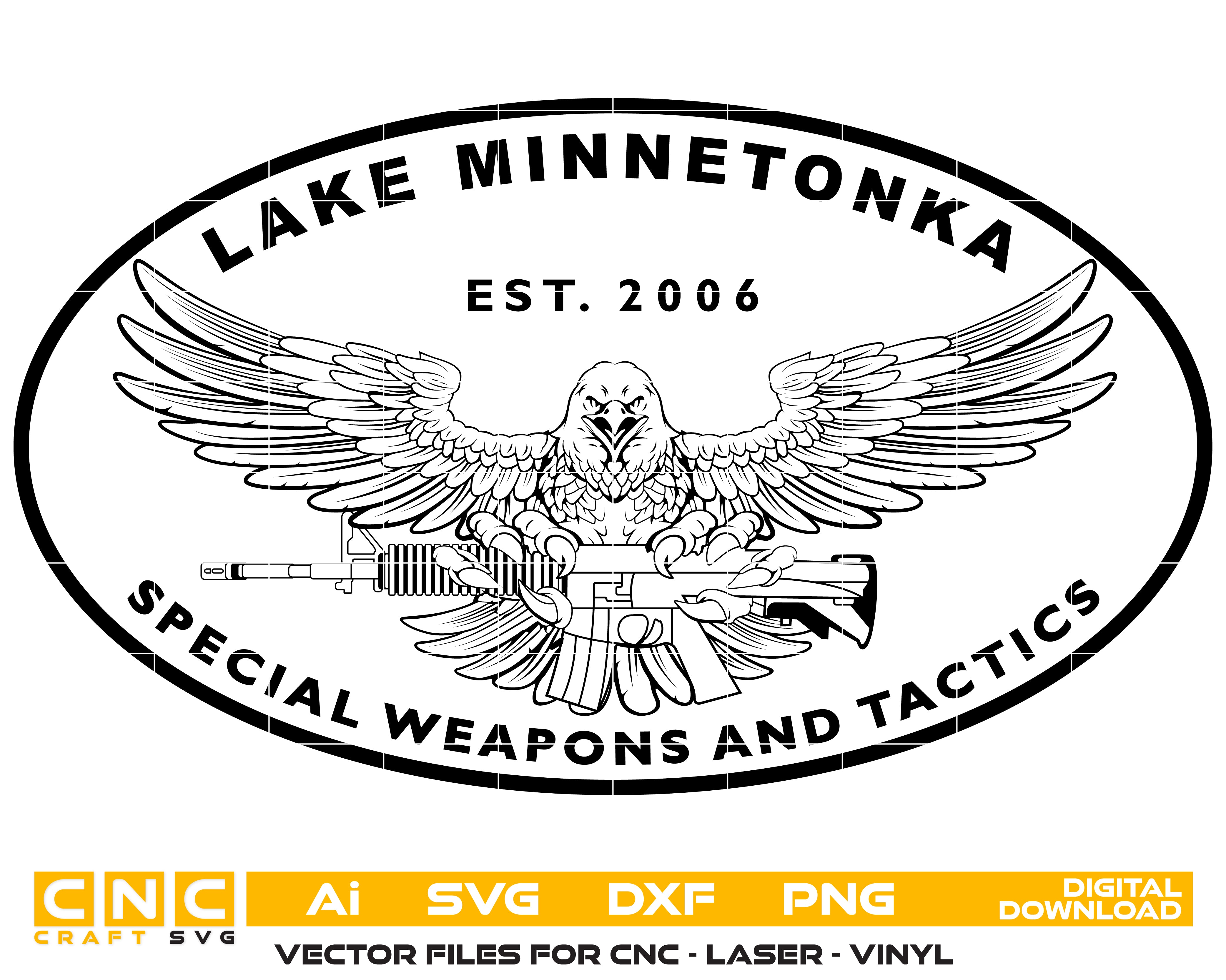 Lake Minnetonka SWAT Patch SVG
Tactical Team Eagle Vector
Minnesota Special Weapons and Tactics Logo
SWAT Eagle Rifle Emblem Design
Law Enforcement Patch for CNC