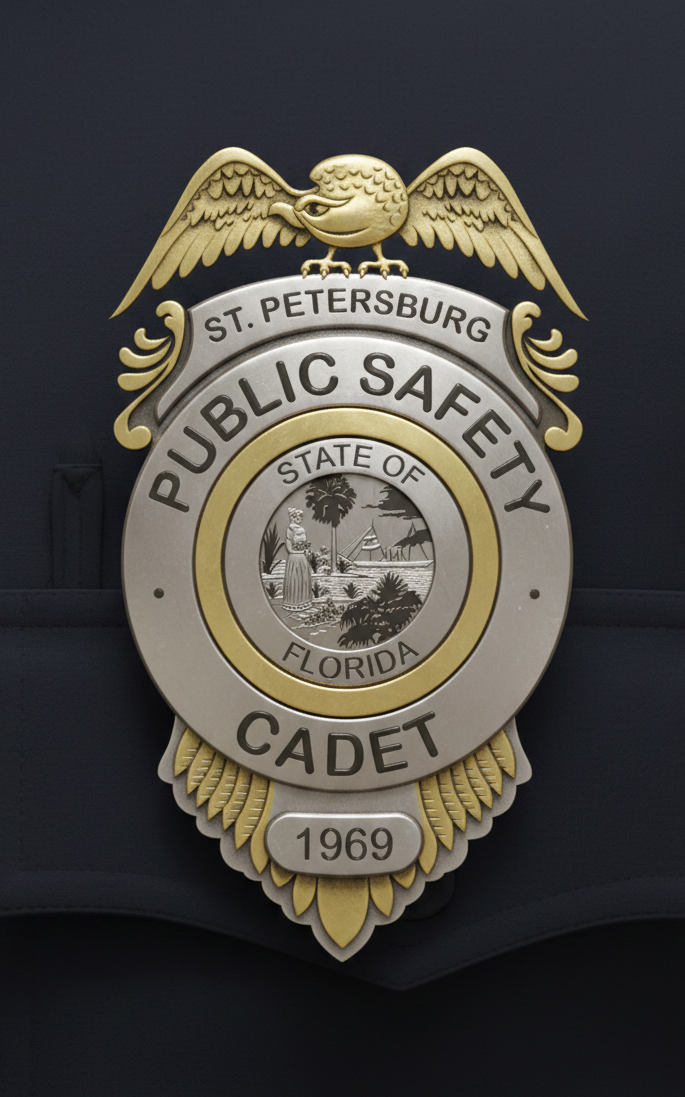 St. Petersburg Public Safety Cadet Badge SVG
Florida Police Cadet Vector Design
St. Pete Public Safety Emblem
Law Enforcement Cadet Badge for Engraving
Florida State Seal Badge CNC File