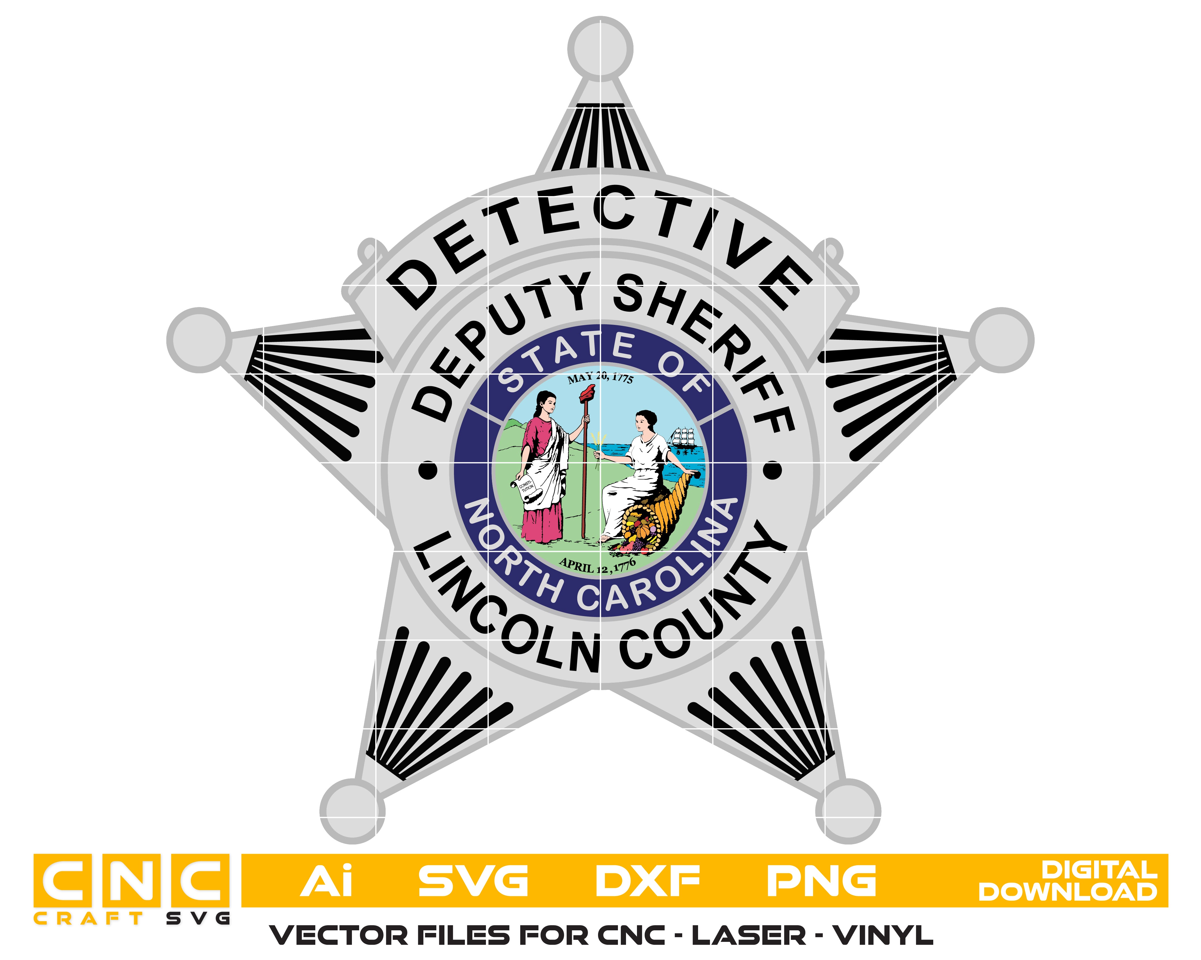 Lincoln County Sheriff Detective Badge SVG
North Carolina Deputy Sheriff Vector
Lincoln County NC Law Enforcement Emblem
Detective Star Badge for Engraving
NC Sheriff Badge Color Vector Design