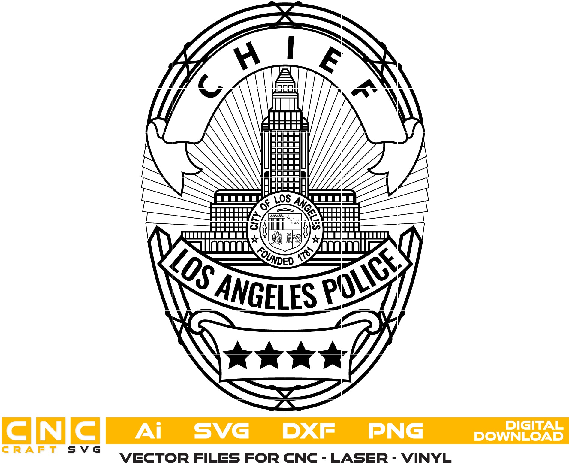 Los Angeles Police Chief Badge SVG
LAPD Chief Vector Design
Police Chief Badge Engraving File
Los Angeles Police Sign CNC File
LAPD Badge Vector for Laser Cutting