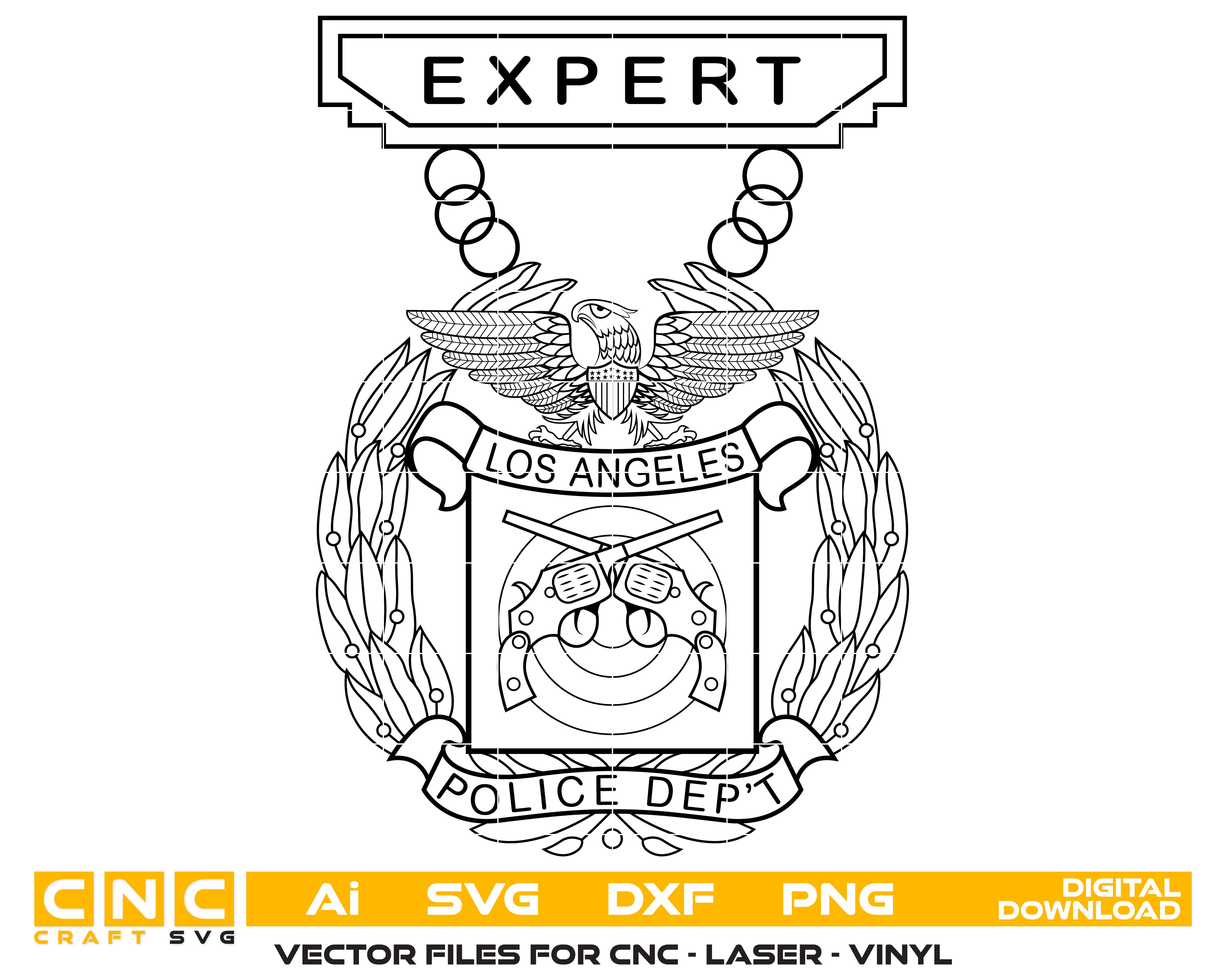 Los Angeles Police Department Expert Badge SVG
LAPD Marksmanship Medal Vector
Police Expert Shooting Badge Design
LAPD Uniform Insignia for Engraving
Law Enforcement Shooting Award CNC File
