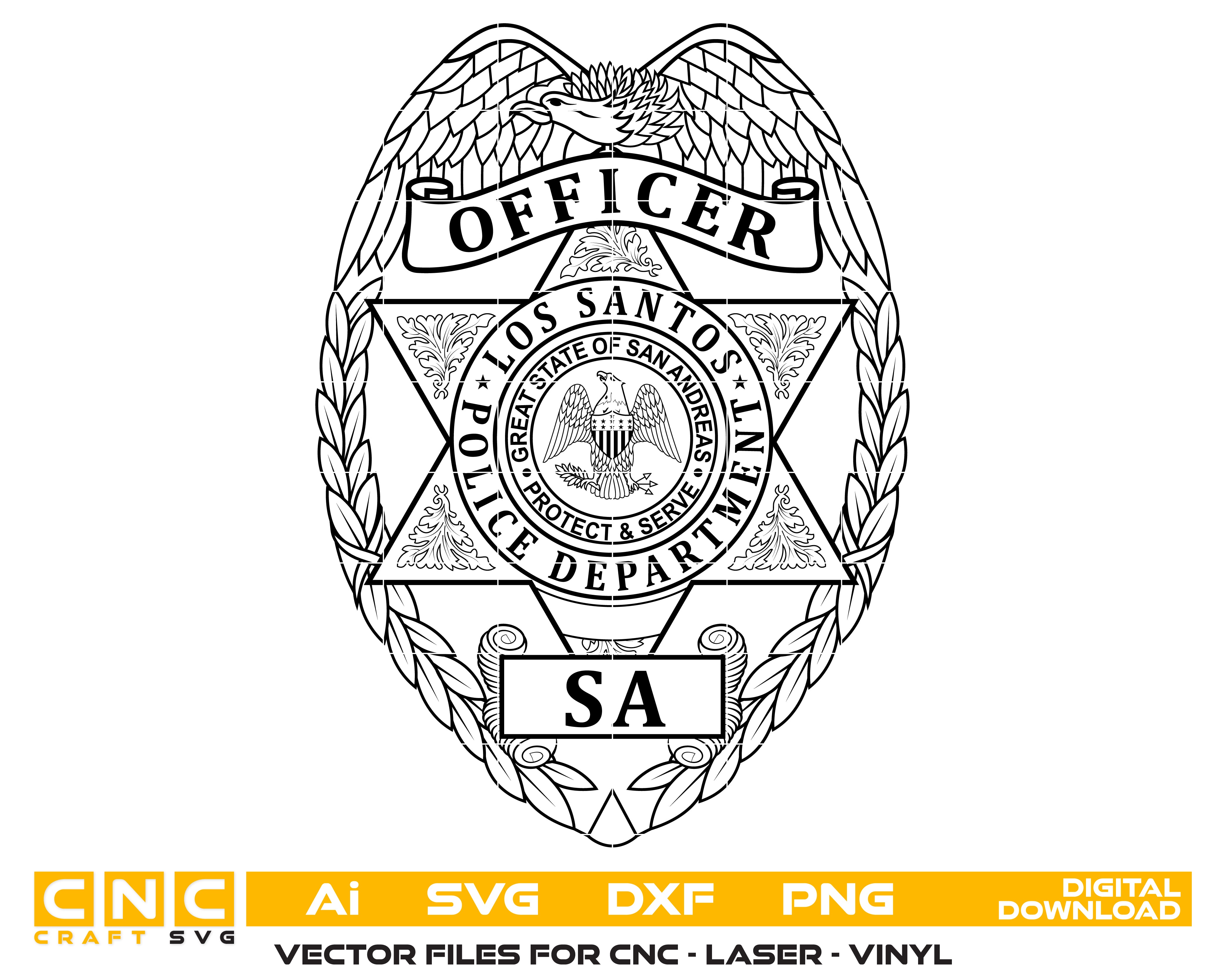 Los Santos Police Officer Badge SVG
LSPD Badge Vector for Cosplay
San Andreas Law Enforcement Emblem
Grand Theft Auto Police Shield Design
FiveM Roleplay Badge CNC File