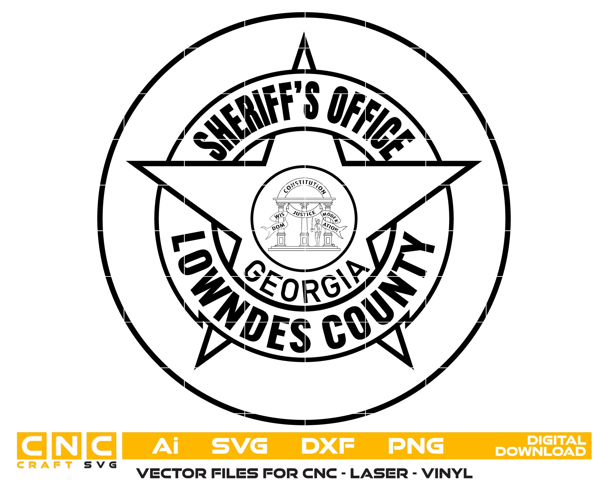 Lowndes County Sheriff Office Patch SVG
Georgia Law Enforcement Vector Design
5-Point Star Sheriff Badge Engraving File
Lowndes County Sheriff Sign CNC File
State of Georgia Seal Vector for Laser Cutting