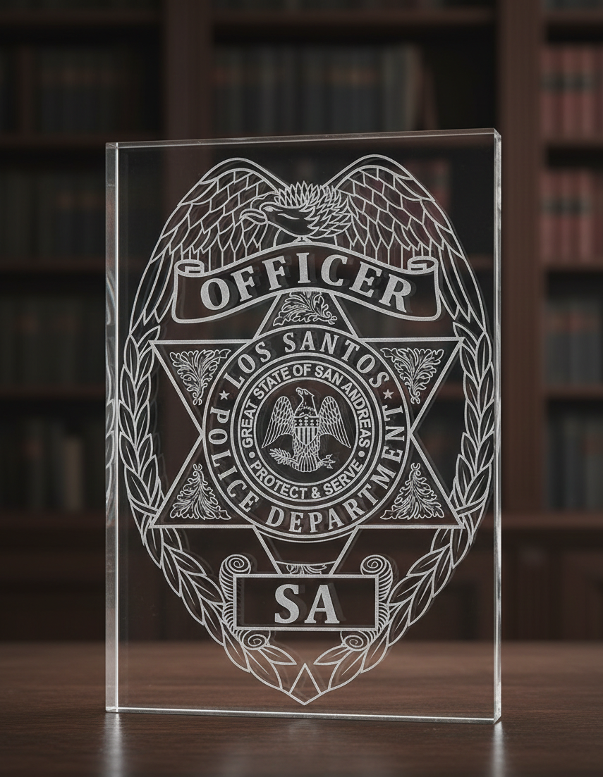 Los Santos Police Officer Badge SVG
LSPD Badge Vector for Cosplay
San Andreas Law Enforcement Emblem
Grand Theft Auto Police Shield Design
FiveM Roleplay Badge CNC File