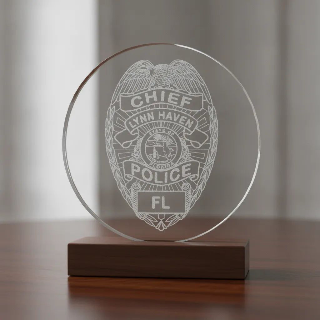 Lynn Haven FL Police Chief Badge SVG
Florida Law Enforcement Shield Vector
State of Florida Seal Engraving File
Eagle Topped Police Badge Sign CNC File
Police Chief Shield Vector for Lasers