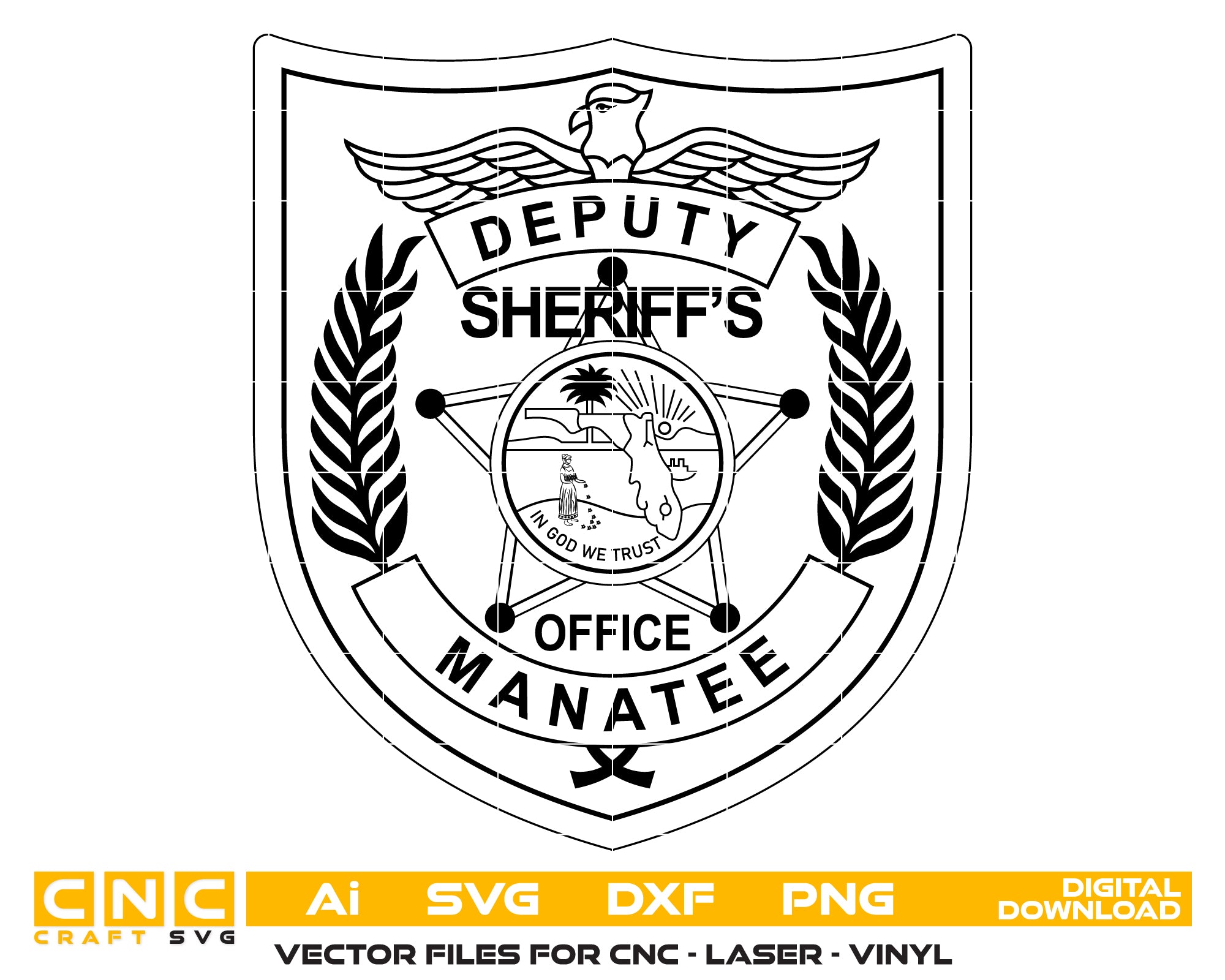 Manatee County Deputy Sheriff Badge SVG
Florida Law Enforcement Vector Design
Deputy Sheriff Badge Engraving File
Manatee County Sign CNC File
5-Point Star Badge Vector for Laser Cutting