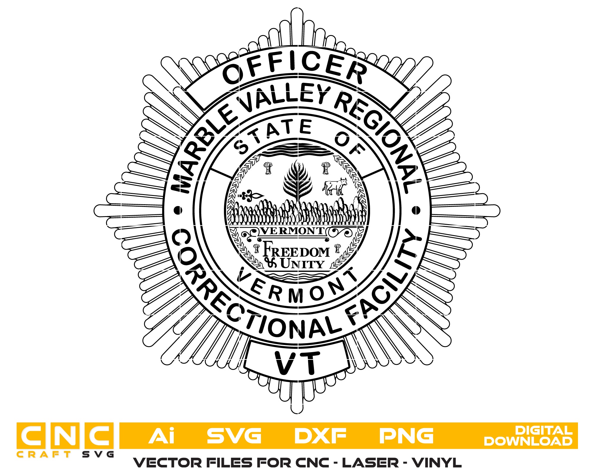 Marble Valley Corrections Officer Badge SVG
Vermont Law Enforcement Vector Design
Corrections Starburst Badge Engraving File
Marble Valley Regional VT Sign CNC File
State of Vermont Seal Vector for Laser Cutting