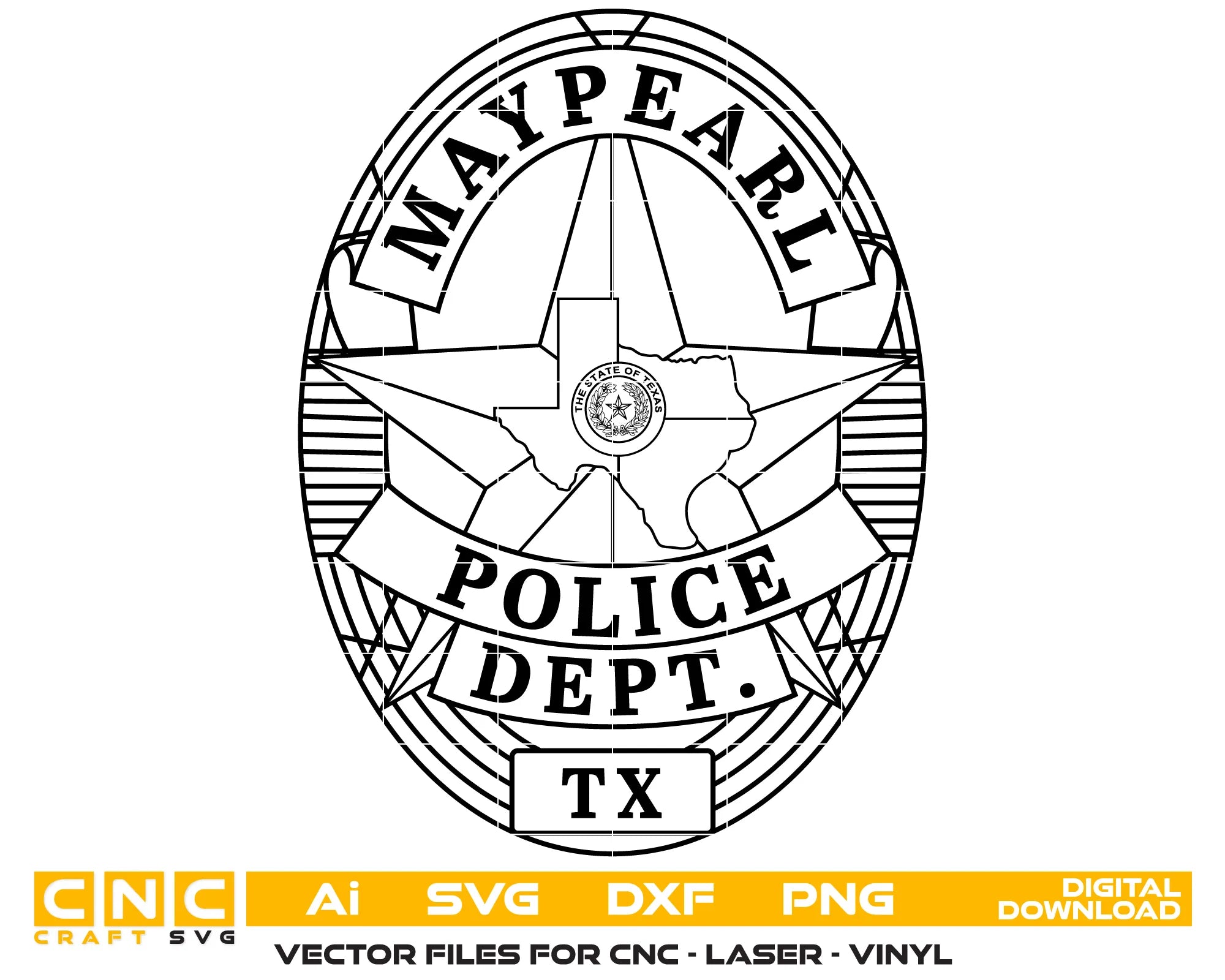 Maypearl Police Badge SVG
Texas Law Enforcement Vector
Police Oval Badge Texas Star
Officer Plaque Engraving File
Maypearl Police Sign CNC File