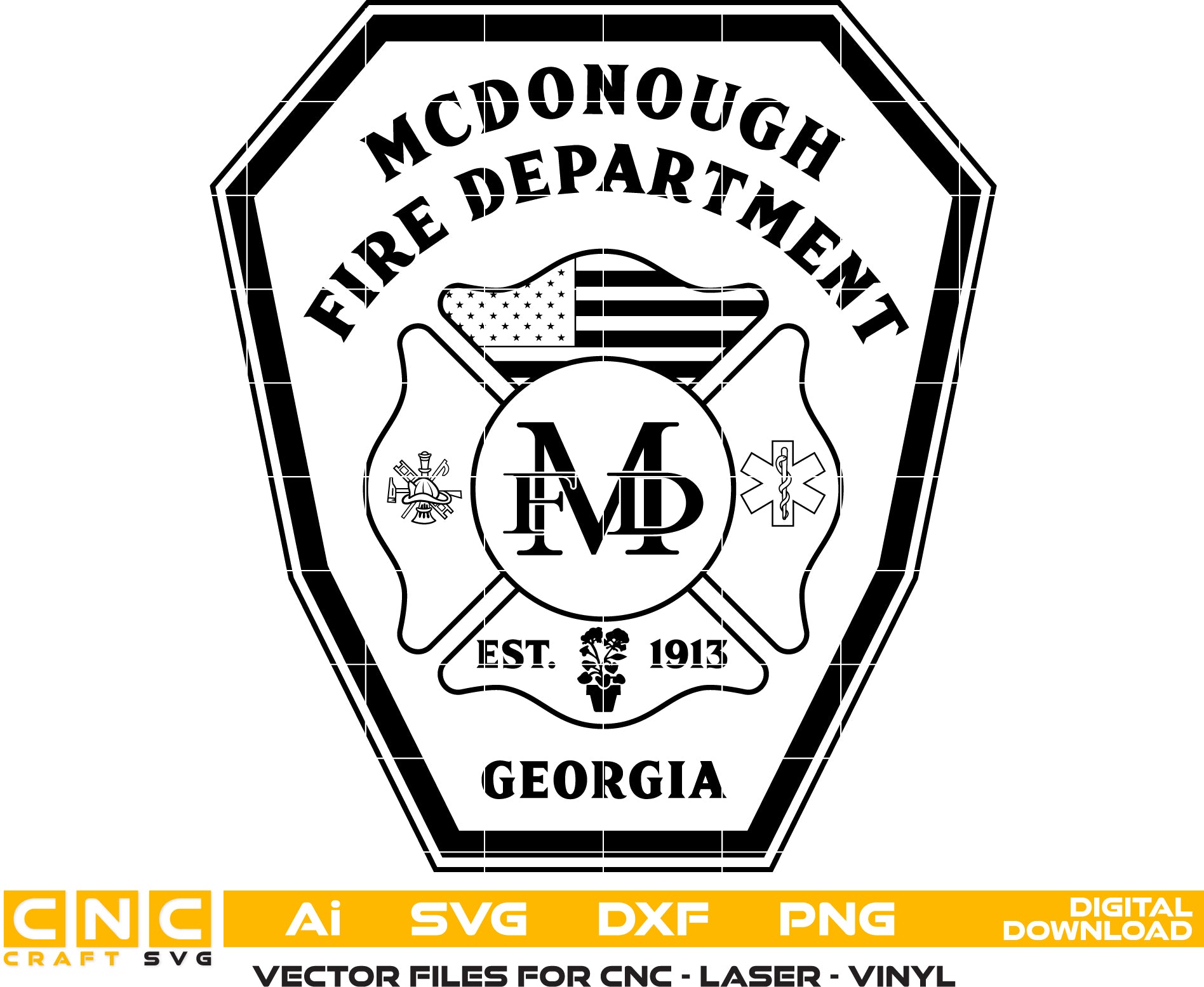 McDonough Fire Department Patch SVG
Georgia Firefighter Vector Design
Fire Dept Maltese Cross Engraving File
McDonough Fire Sign CNC File
Fire Department Vector for Laser Cutting