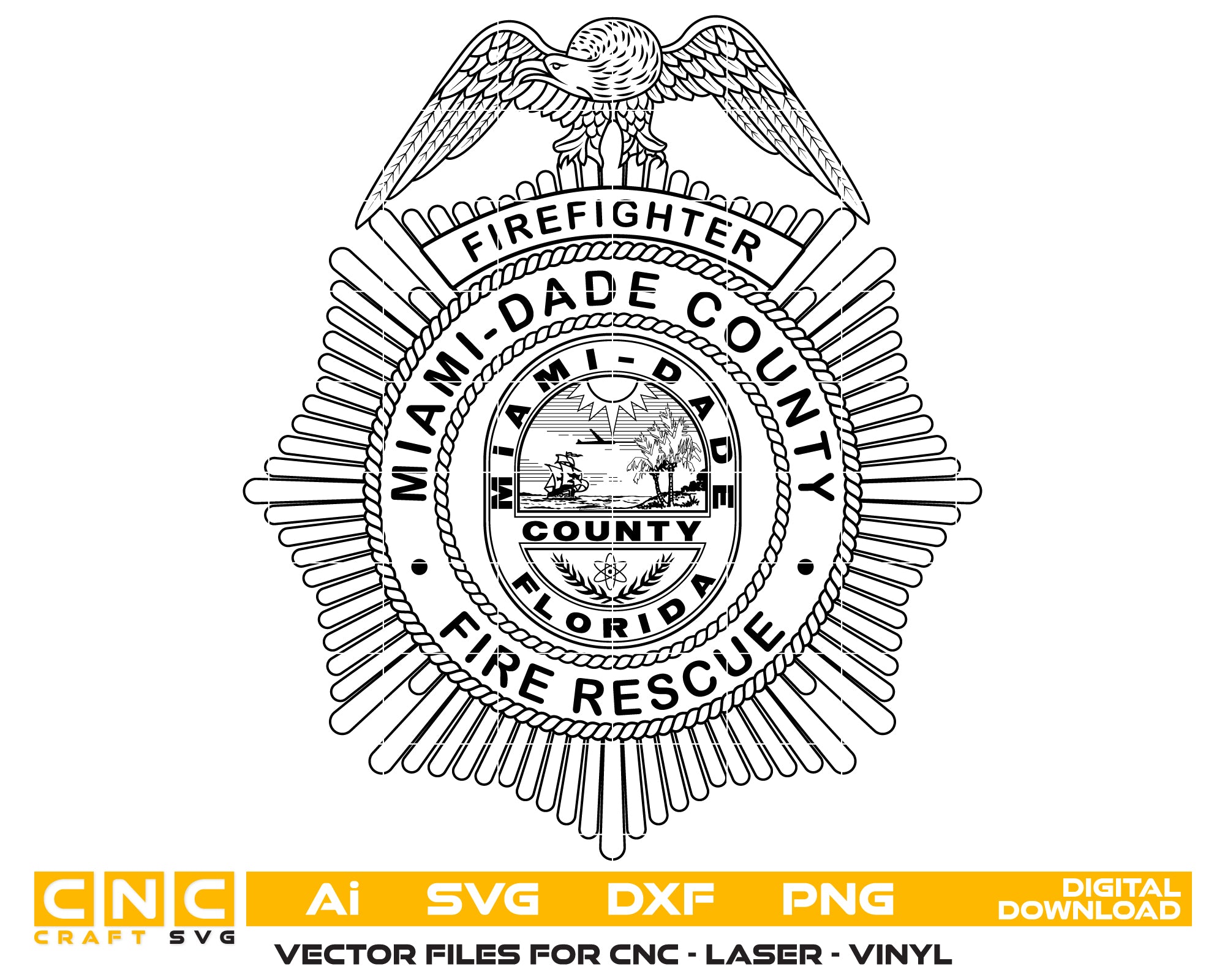 Miami-Dade County Firefighter Badge SVG
Florida Fire Rescue Vector Design
Eagle Sunburst Fire Badge Engraving File
Miami-Dade Fire Rescue Sign CNC File
County Seal Badge Vector for Laser Cutting