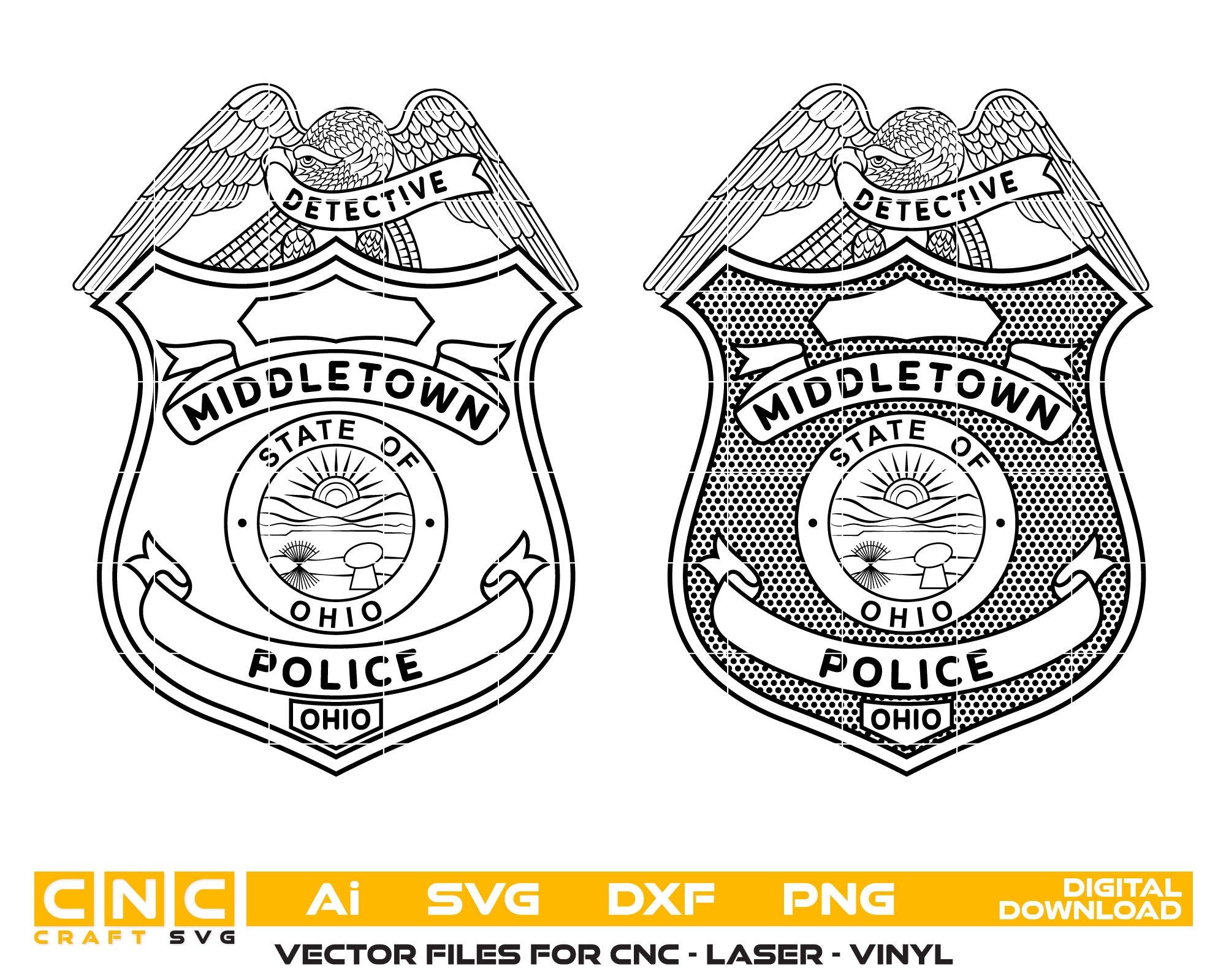 Middletown Detective Police Badge SVG
Law Enforcement Detective Vector
Police Badge Shield Emblem
Detective Plaque Engraving File