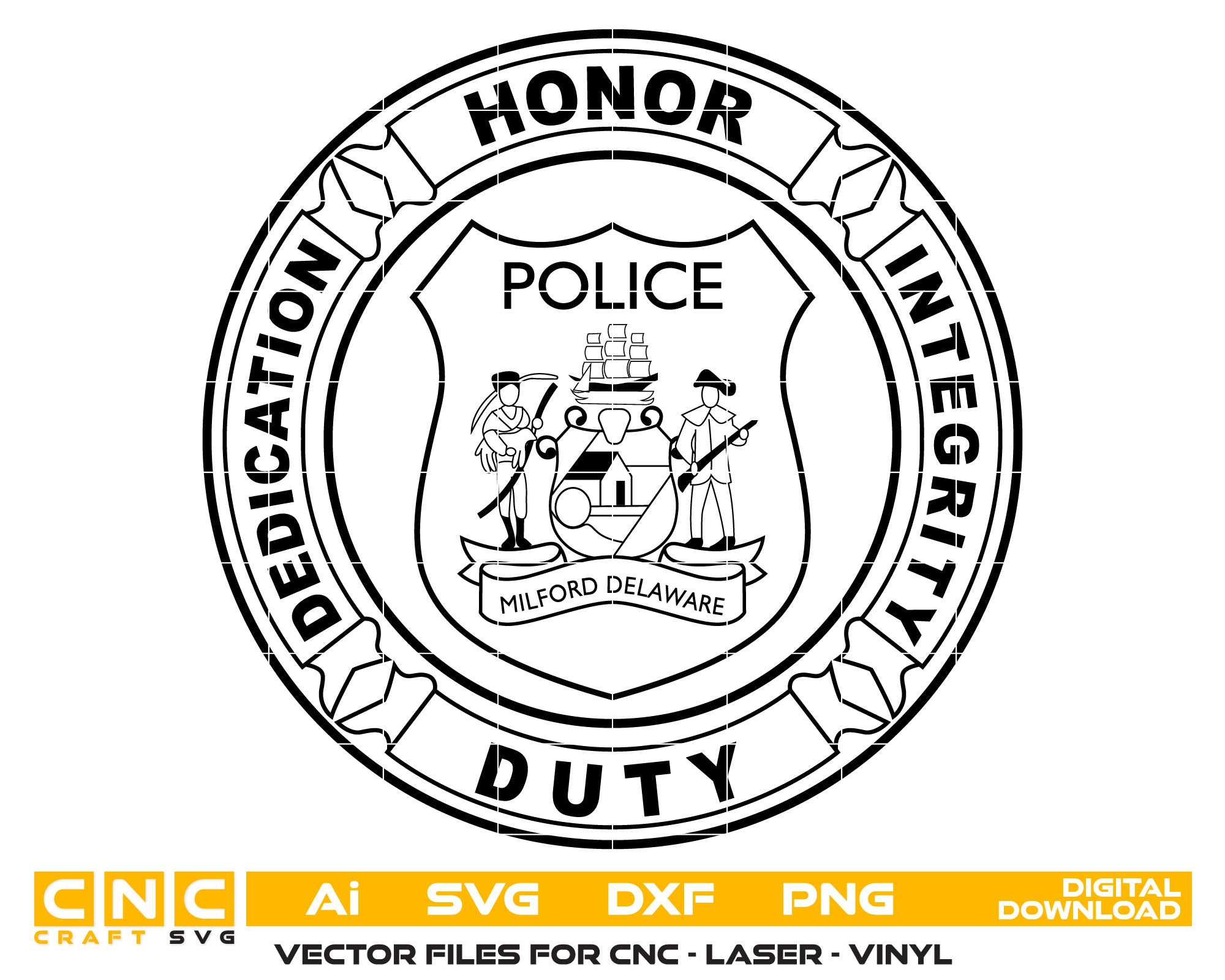 Milford Police Department Badge SVG
Delaware Law Enforcement Vector Design
State of Delaware Coat of Arms Police Emblem
Circular Police Shield Engraving File
Milford DE Police Sign CNC File