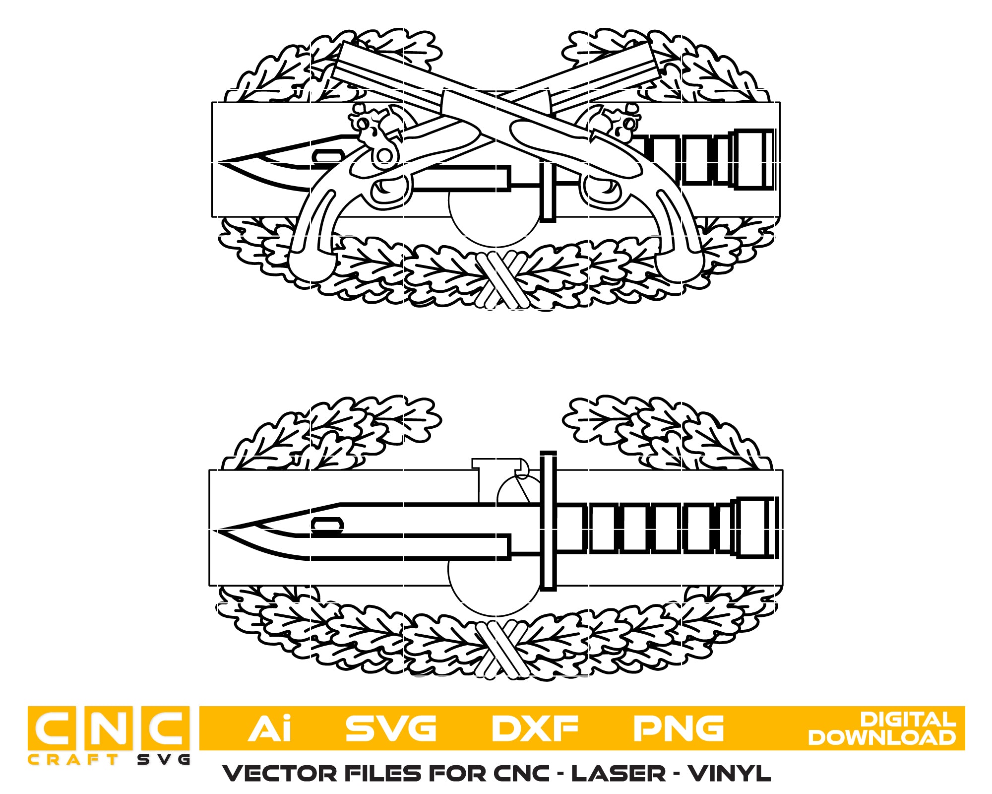 Military Police Combat Action Badge SVG
US Army Combat Action Badge Vector Design
Crossed Pistols MP Badge Engraving File
Army CAB Shadow Box Sign CNC File
Bayonet and Grenade Wreath Vector for Lasers