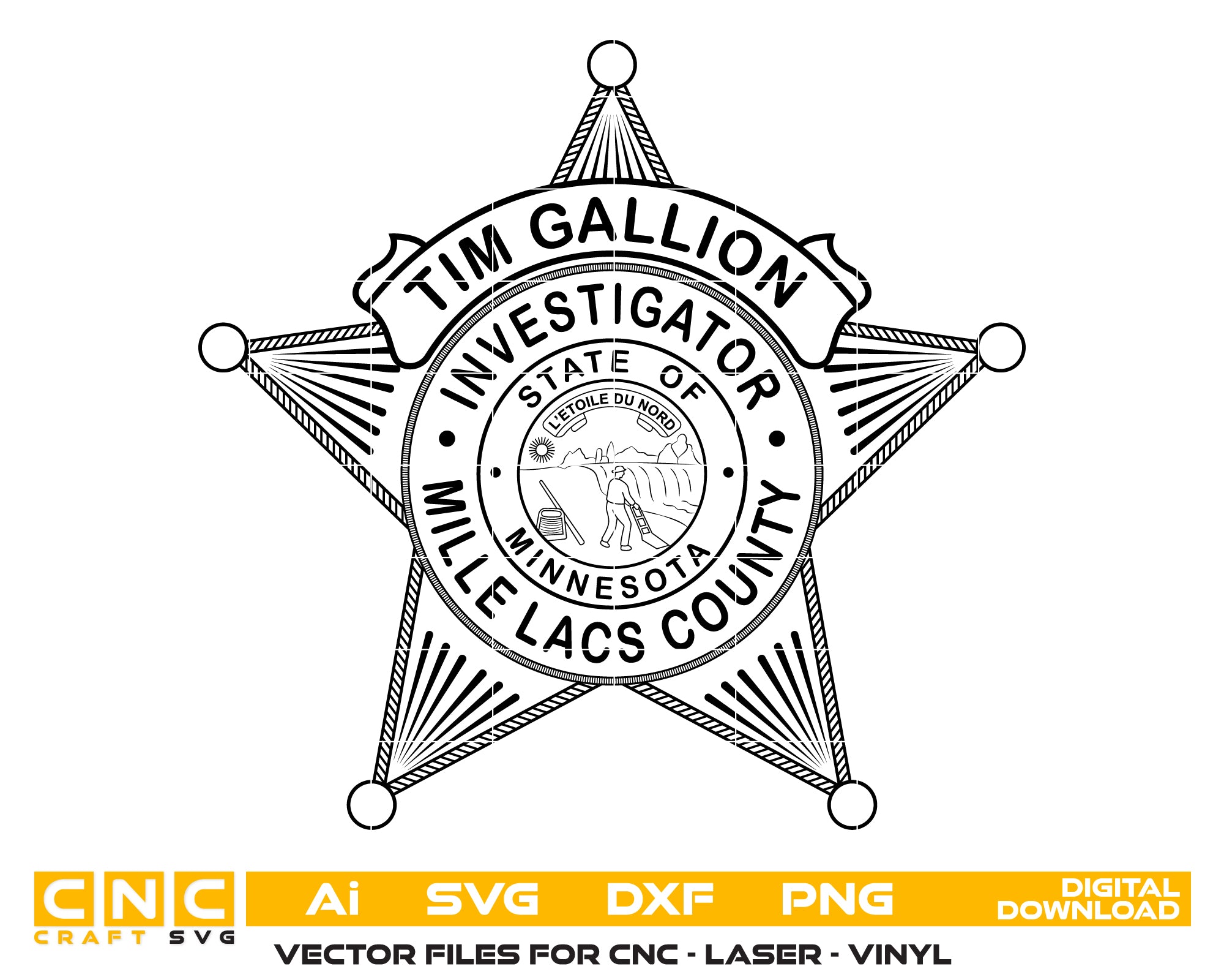 Mille Lacs County Investigator Badge SVG
Minnesota Law Enforcement Vector Design
5-Point Star Badge Engraving File
Mille Lacs County MN Sign CNC File
State of Minnesota Seal Vector for Laser Cutting
