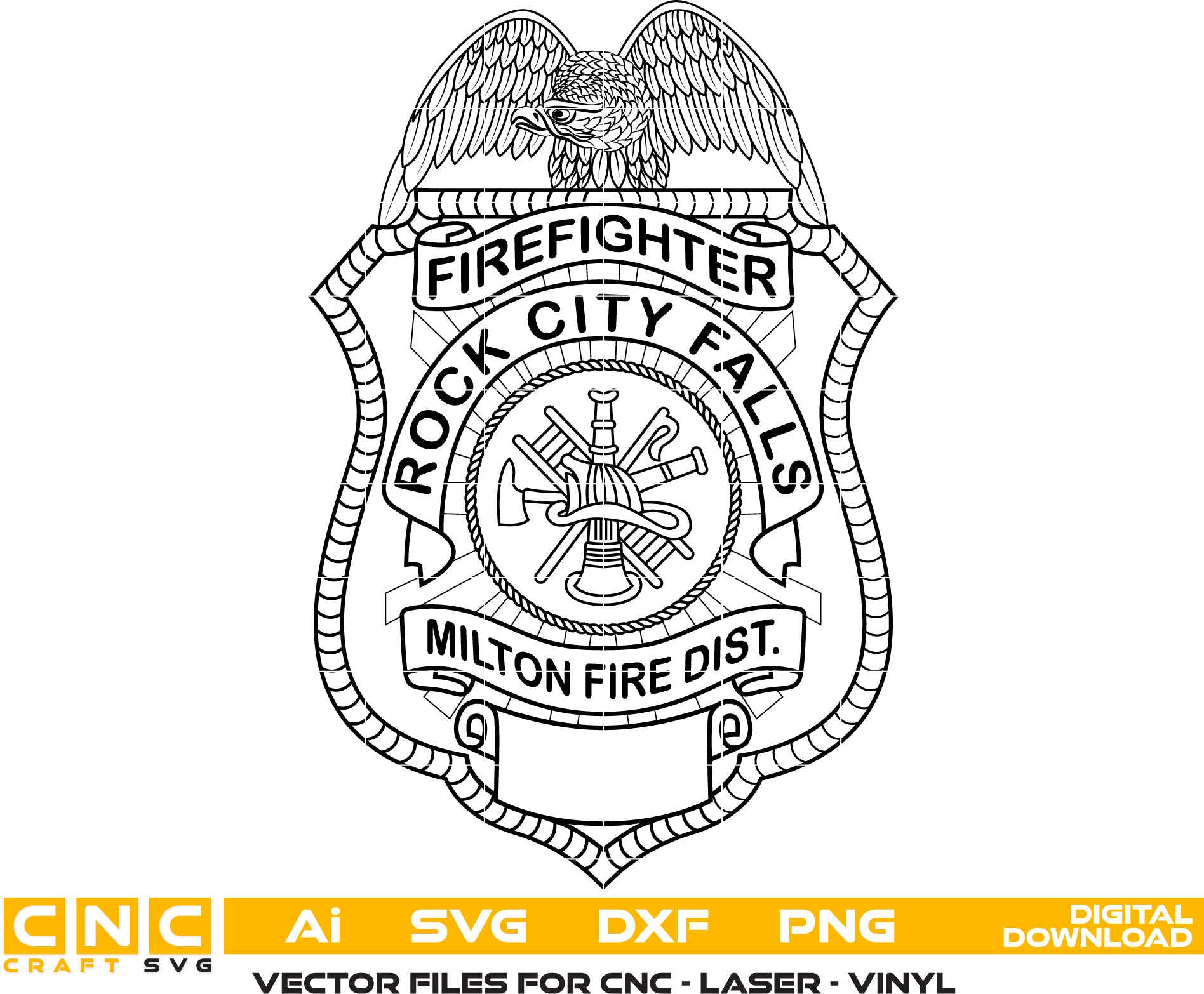 Milton Fire District Firefighter Badge SVG
Rock City Falls Fire Department Shield Vector
Eagle and Fire Scramble Engraving File
Firefighter Badge Sign CNC File
Blank Plate Fire Shield Vector for Lasers