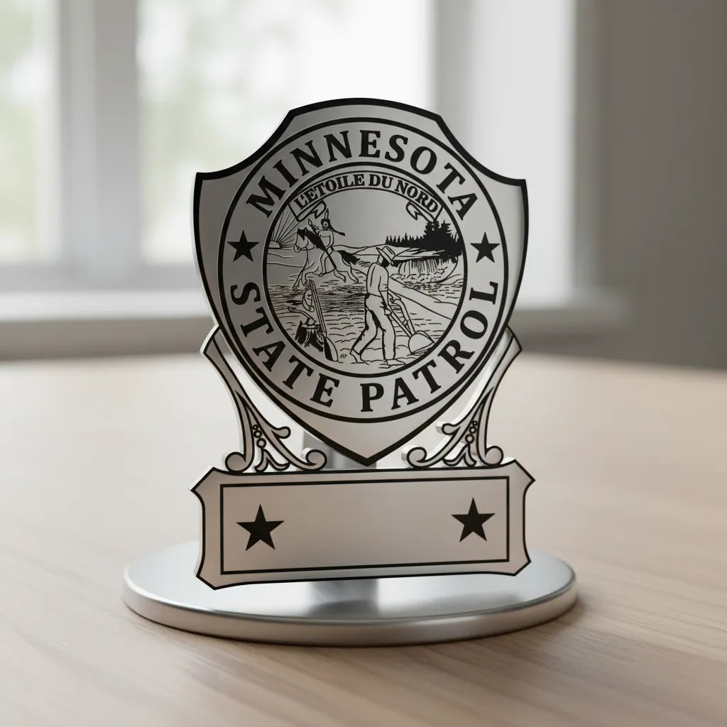 Minnesota State Patrol Badge SVG
MN Law Enforcement Vector Design
State Trooper Badge Engraving File
Minnesota State Seal Sign CNC File
State Patrol Shield Vector for Laser Cutting