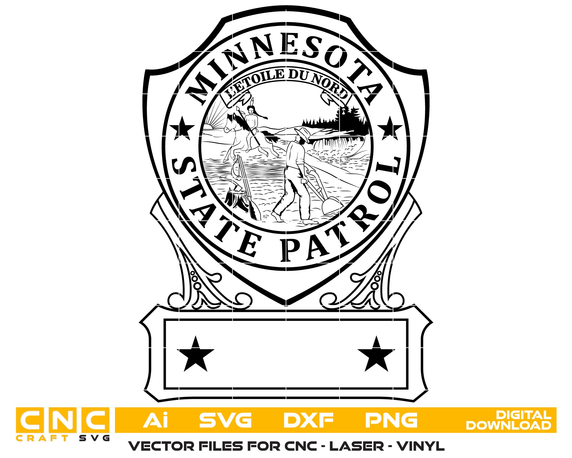 Minnesota State Patrol Badge SVG
MN Law Enforcement Vector Design
State Trooper Badge Engraving File
Minnesota State Seal Sign CNC File
State Patrol Shield Vector for Laser Cutting