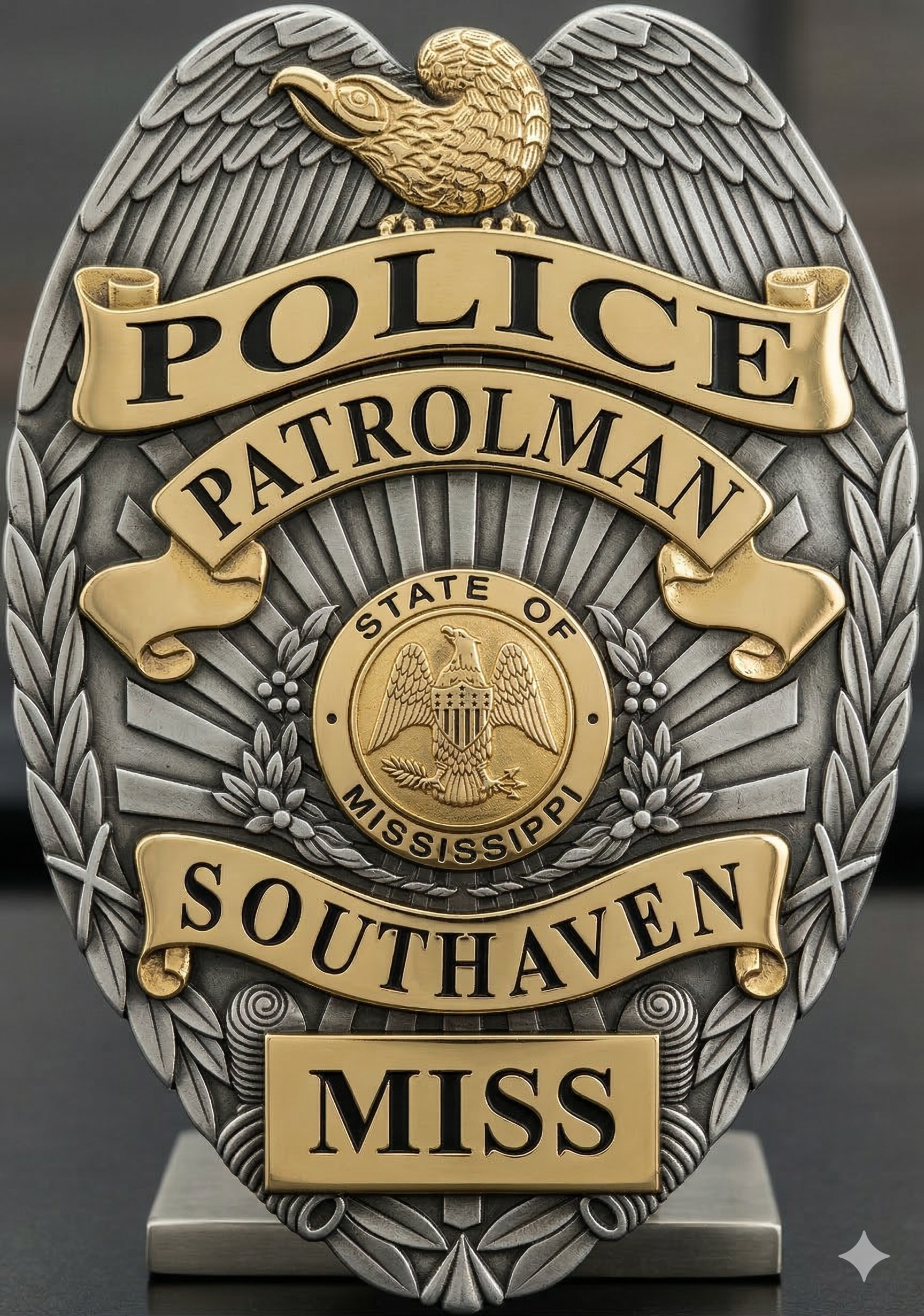 Southaven Police Patrolman Badge SVG
Mississippi Law Enforcement Vector
Police Patrolman Eagle Emblem
Officer Plaque Engraving File
Southaven Police Sign CNC File